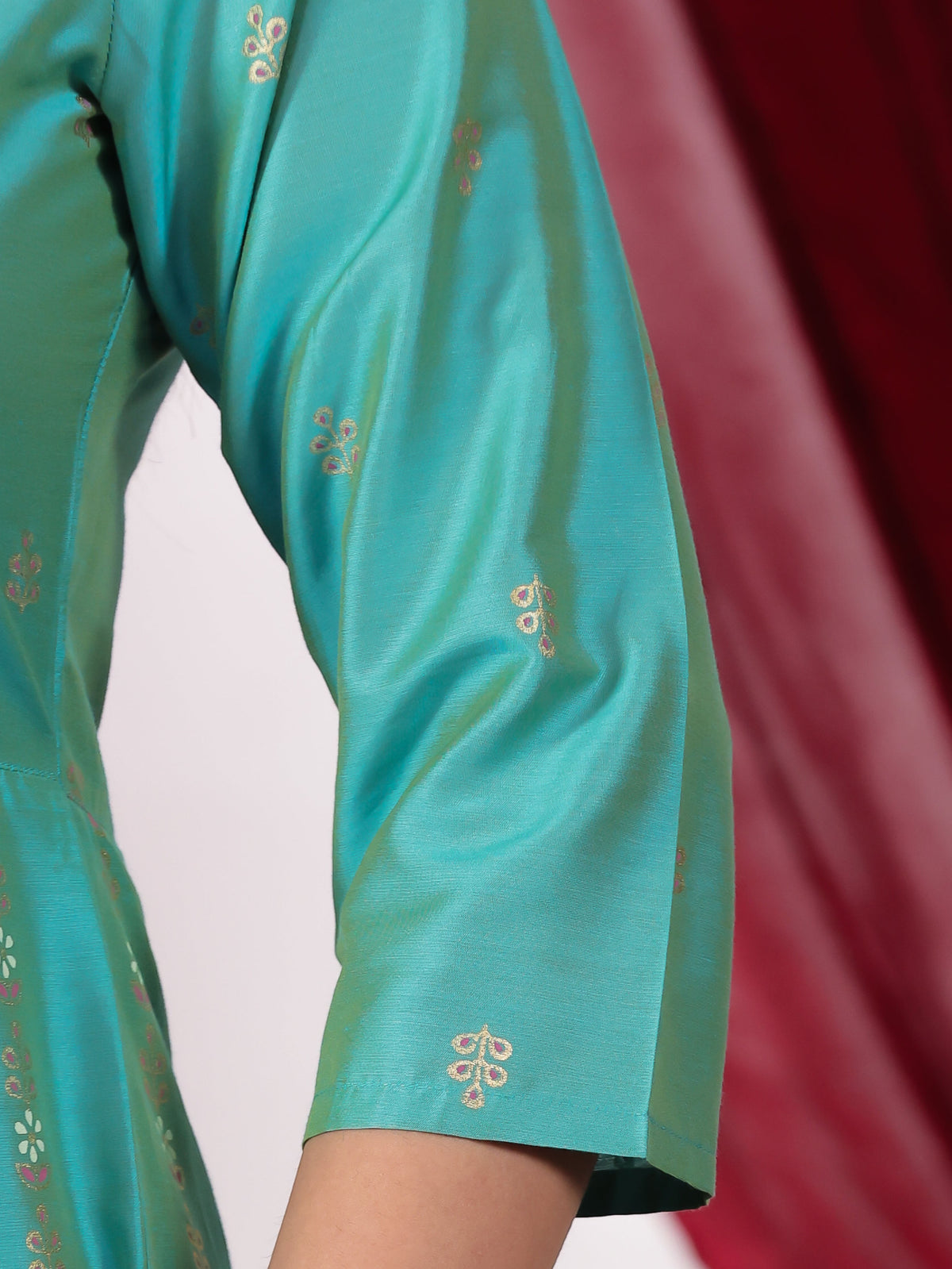 Blended silk Gold foil Anarkali Turquoise Kurta