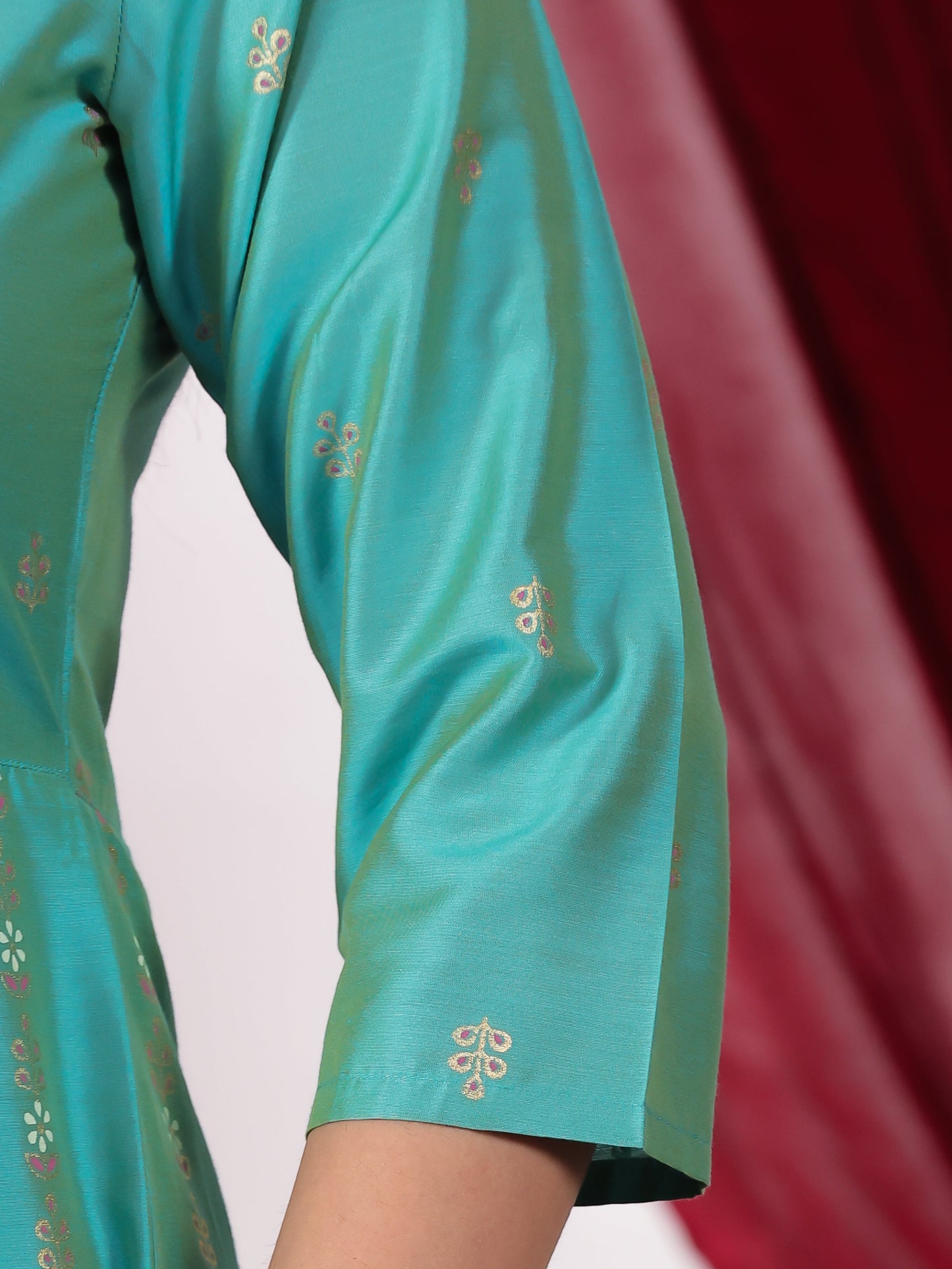Chanderi Gold foil Anarkali Turquoise Kurta