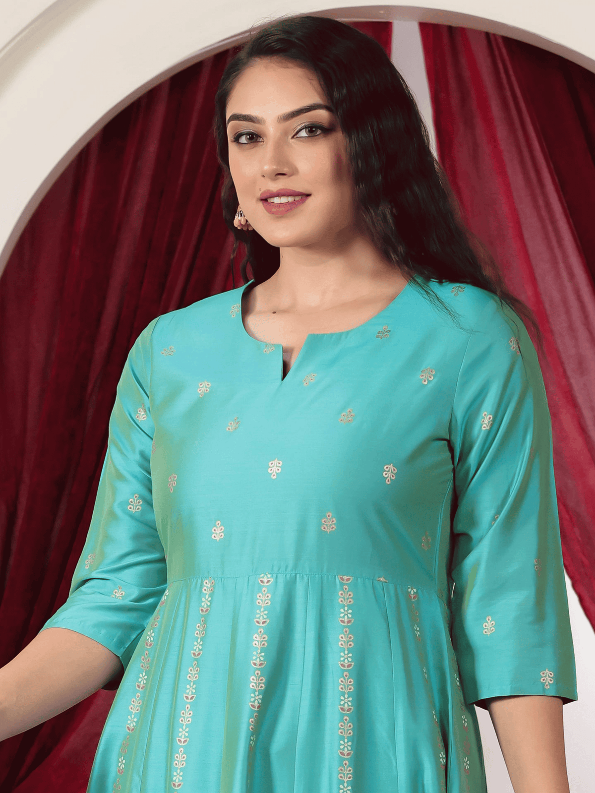 Blended silk Gold foil Anarkali Turquoise Kurta