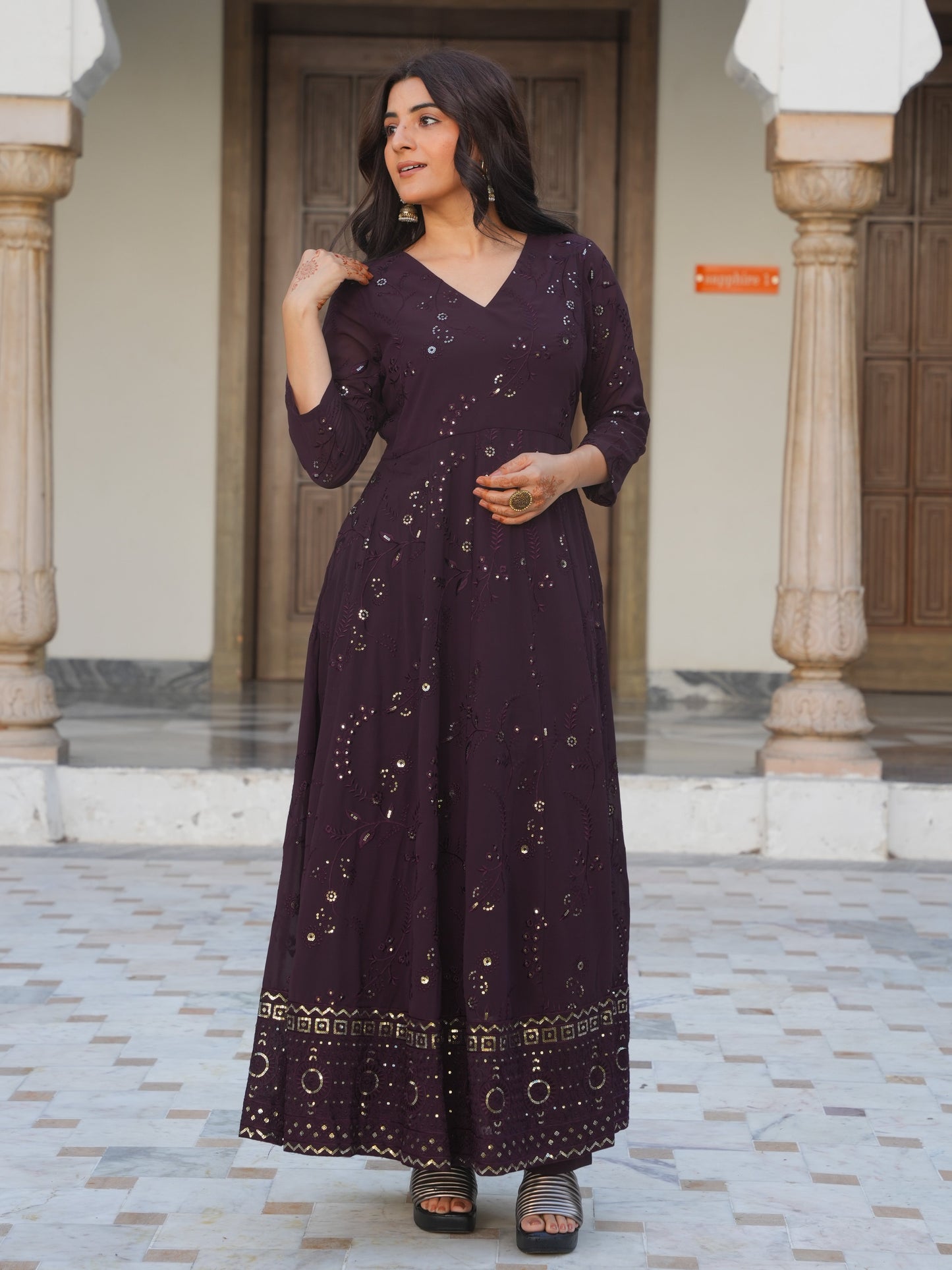 Embroidered Georgette Solid Brown Kurta