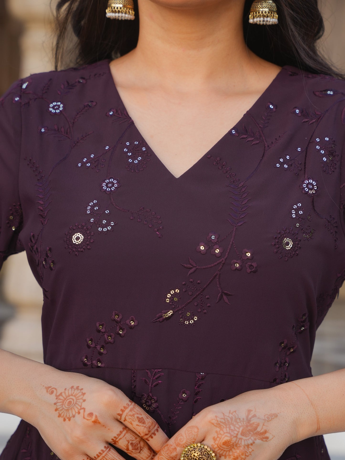 Embroidered Georgette Solid Brown Kurta