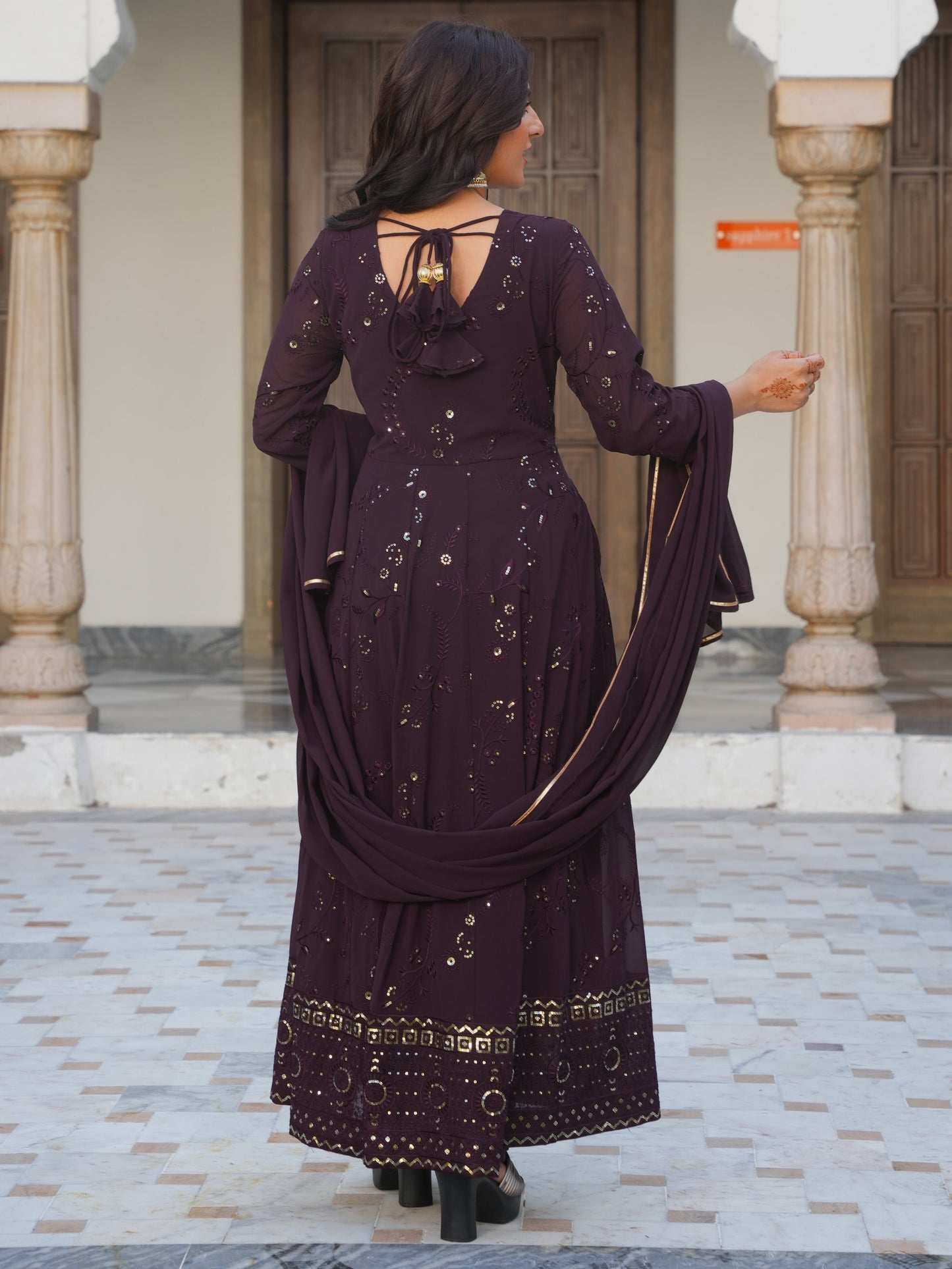 Embroidered Georgette Solid Brown Kurta