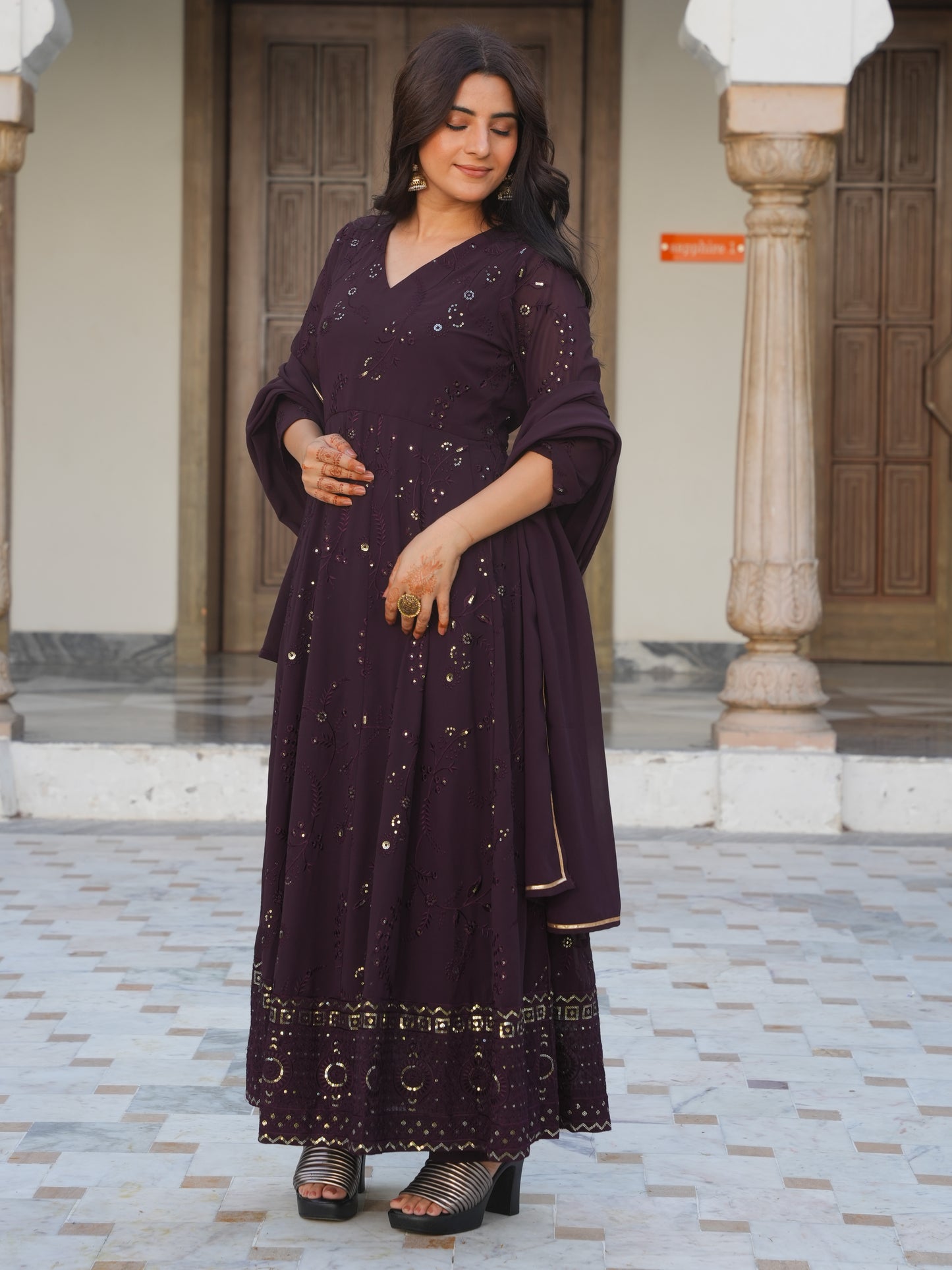 Embroidered Georgette Solid Purple Kurta