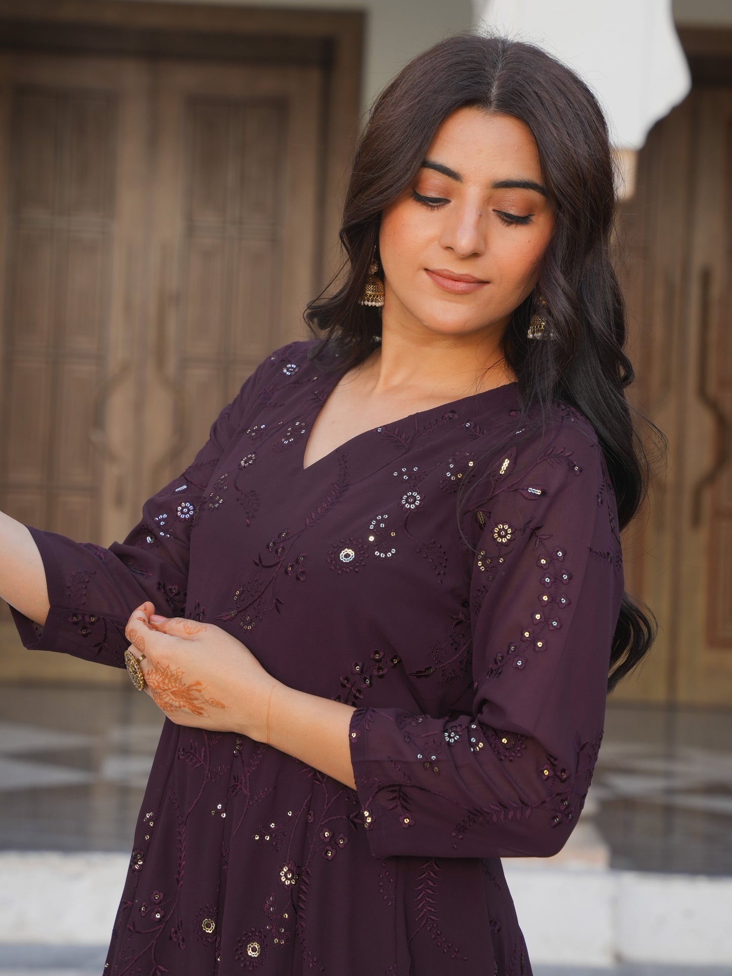 Embroidered Georgette Solid Brown Kurta