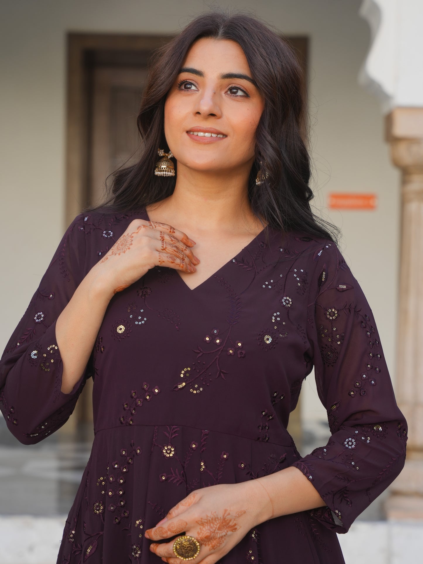 Embroidered Georgette Solid Purple Kurta