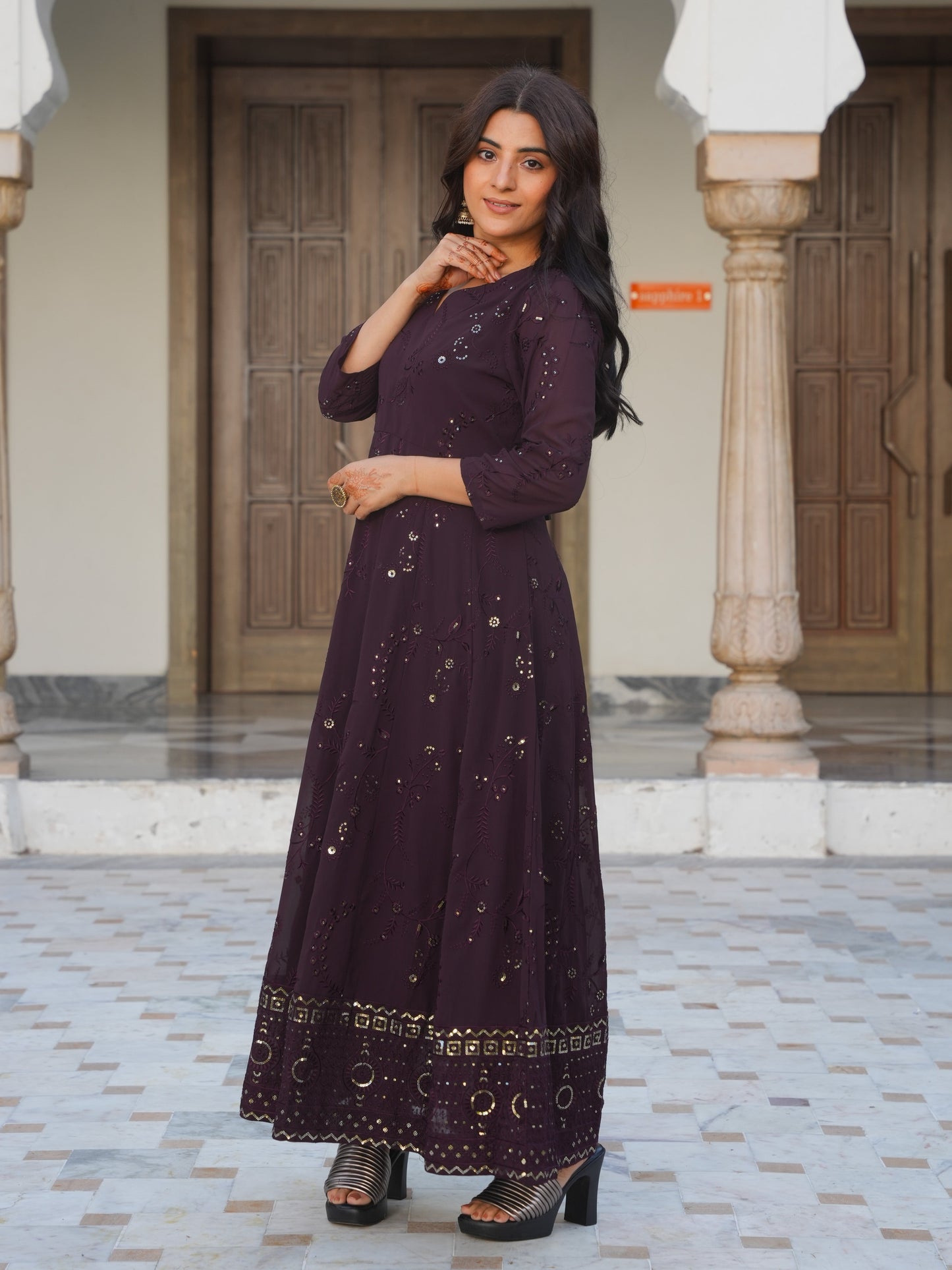 Embroidered Georgette Solid Brown Kurta