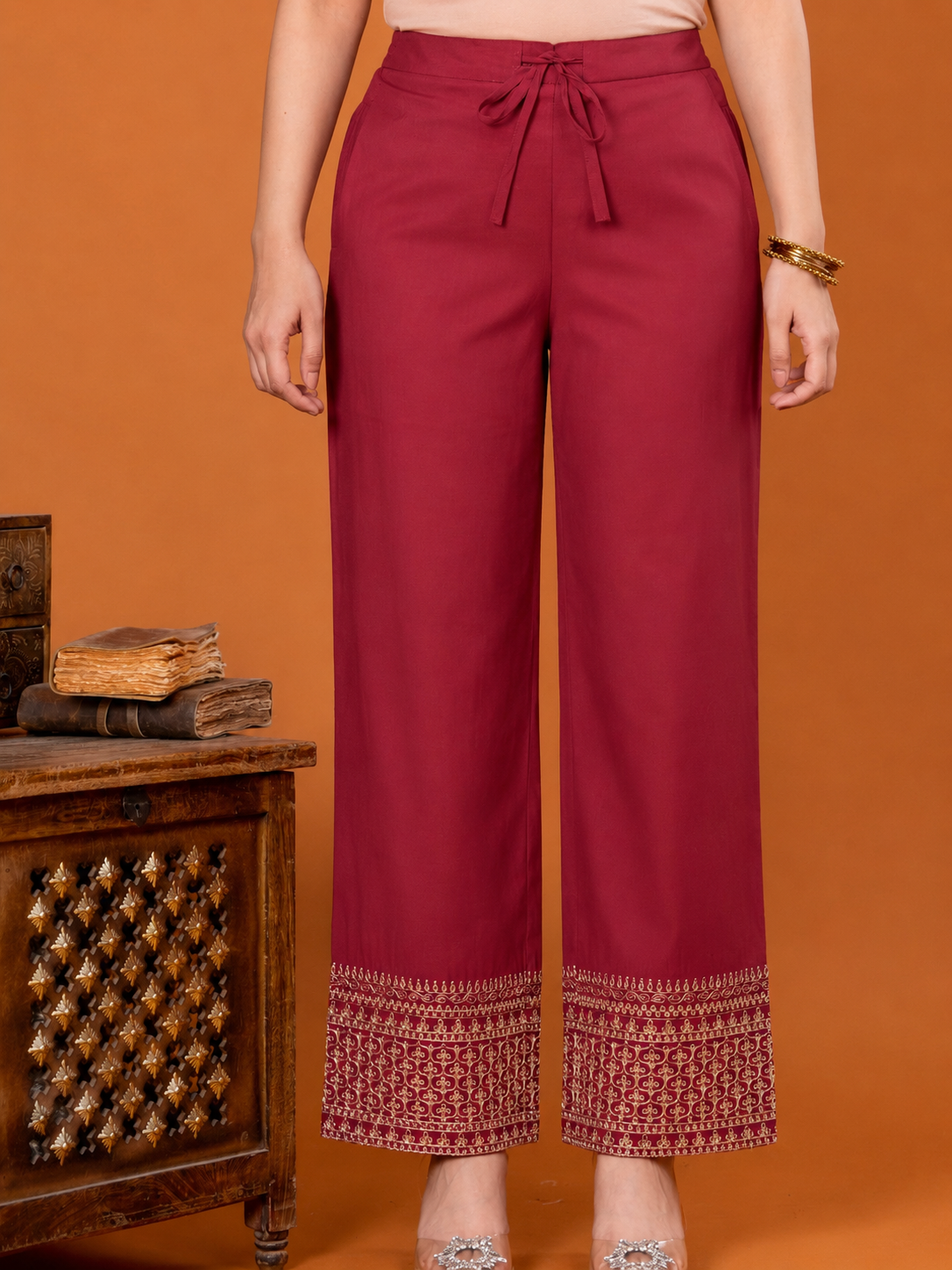 Embroidered Chanderi Solid Maroon Straight Trousers