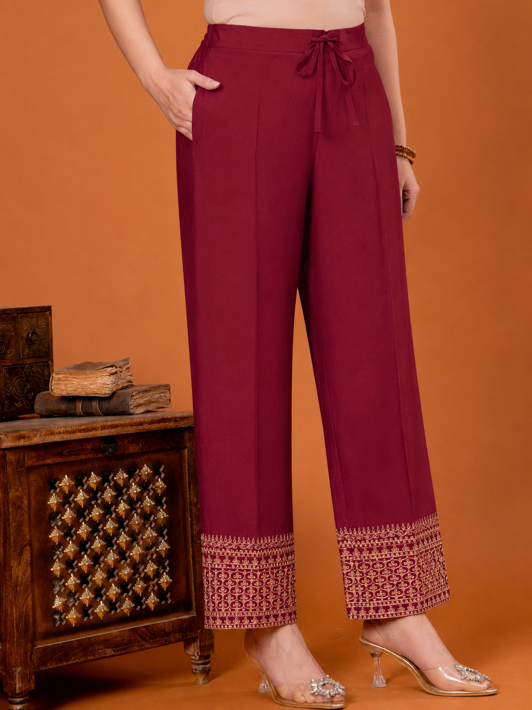 Embroidered Chanderi Solid Maroon Straight Trousers