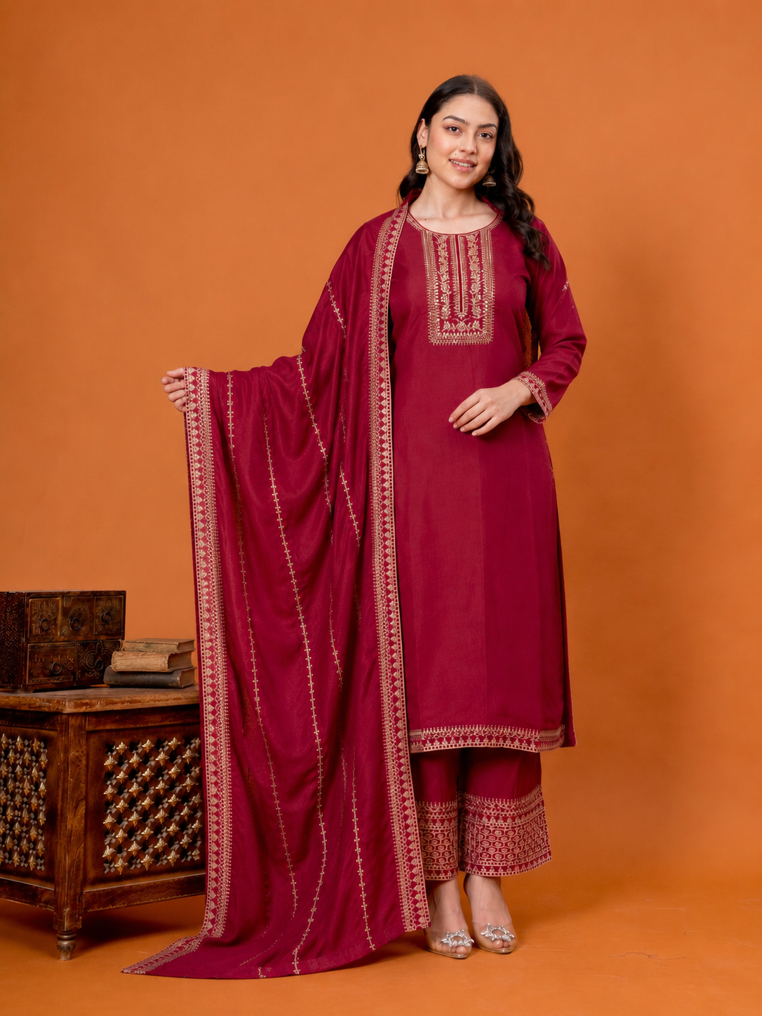 Embroidered Chanderi Solid Maroon Dupatta