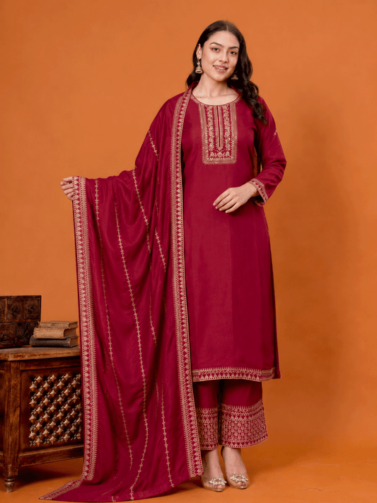 Embroidered Chanderi Solid Maroon Dupatta
