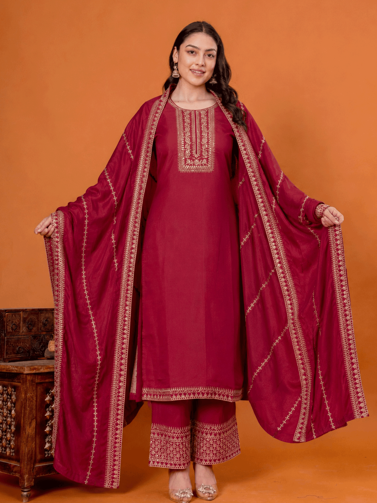 Embroidered Chanderi Solid Straight Maroon Kurta