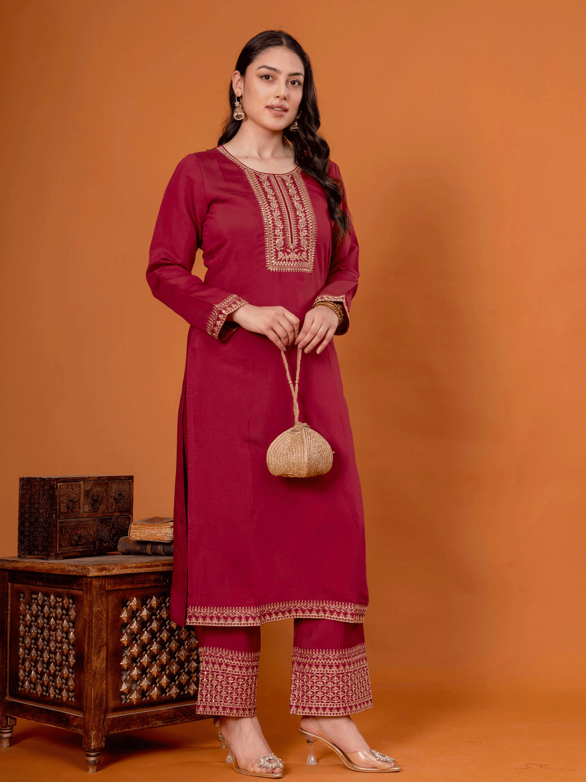 Embroidered Chanderi Solid Straight Maroon Kurta