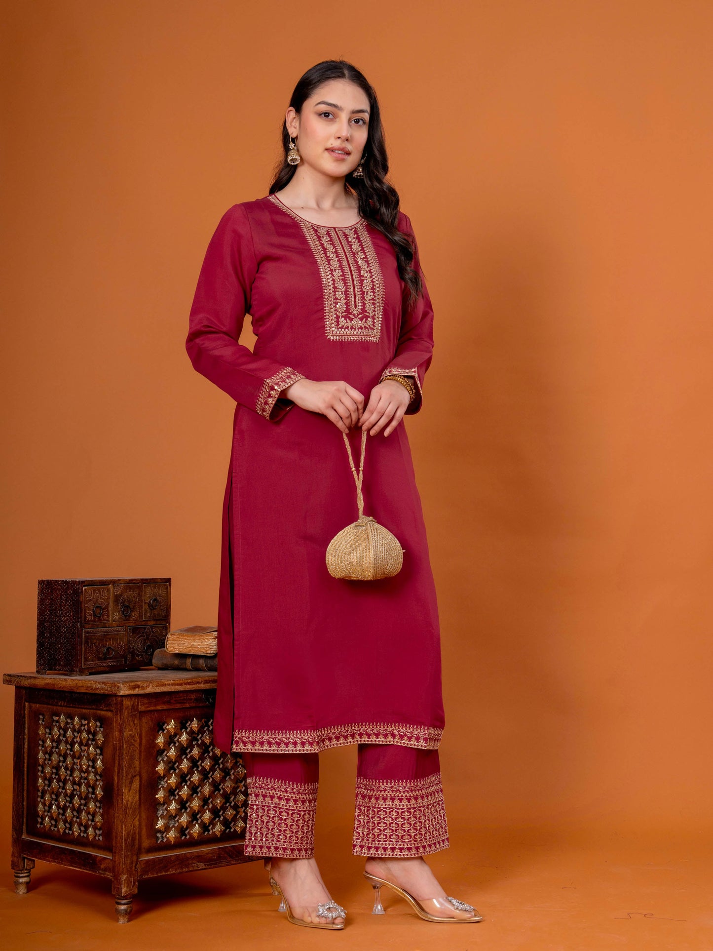Embroidered Chanderi Solid Straight Maroon Kurta
