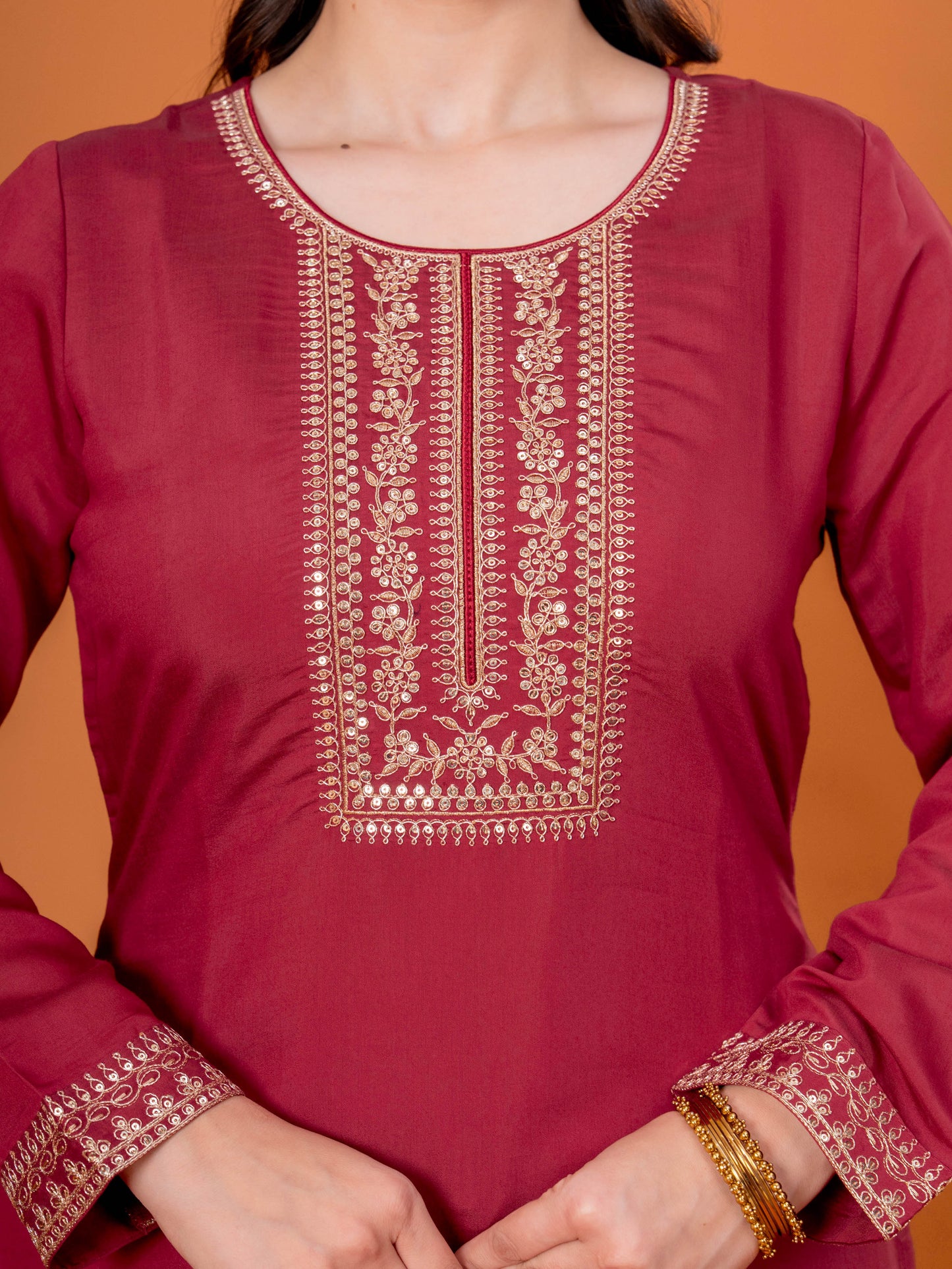 Embroidered Chanderi Solid Straight Maroon Kurta