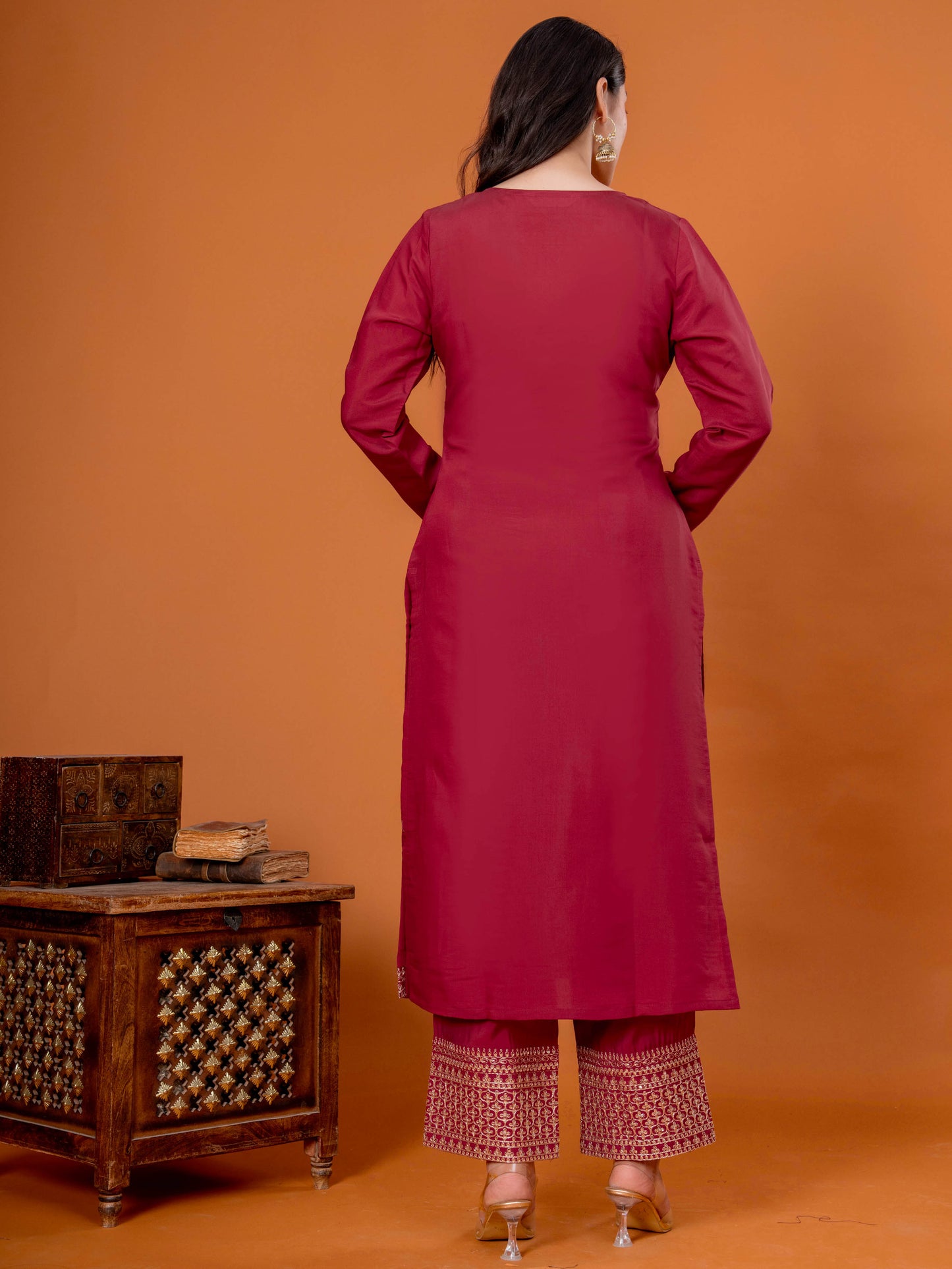 Embroidered Chanderi Solid Straight Maroon Kurta