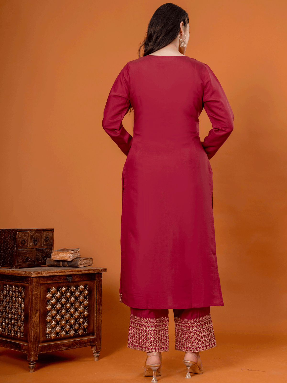 Embroidered Chanderi Solid Straight Maroon Kurta