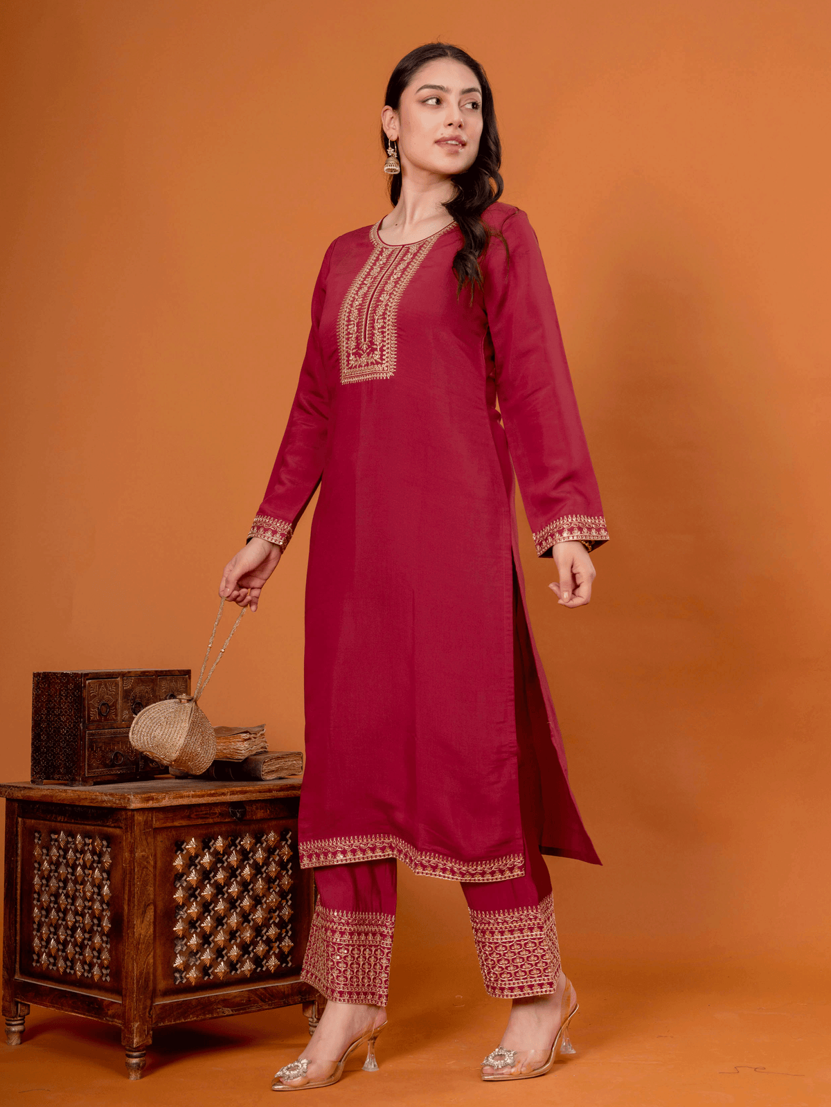 Embroidered Chanderi Solid Straight Maroon Kurta