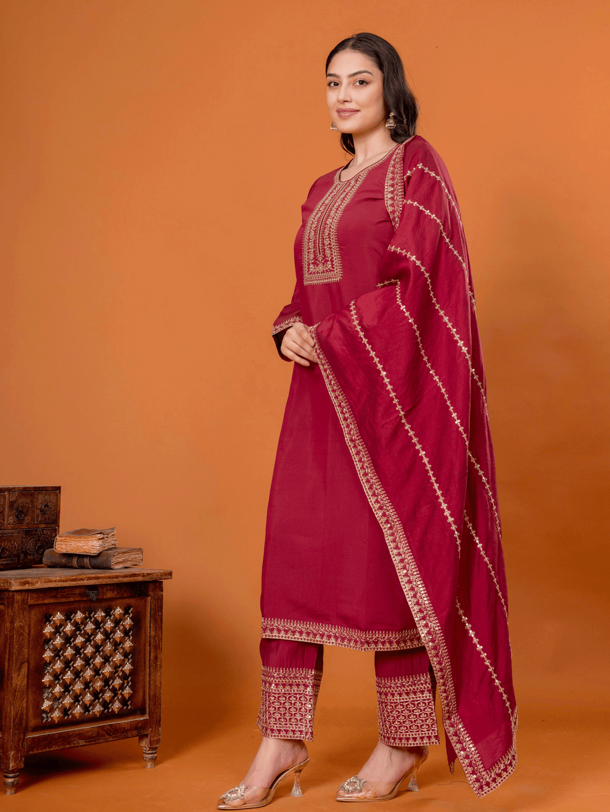 Embroidered Chanderi Solid Straight Maroon Kurta