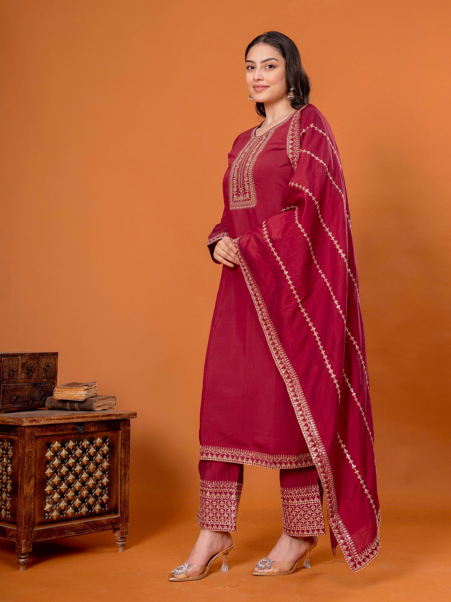 Embroidered Chanderi Solid Straight Maroon Kurta