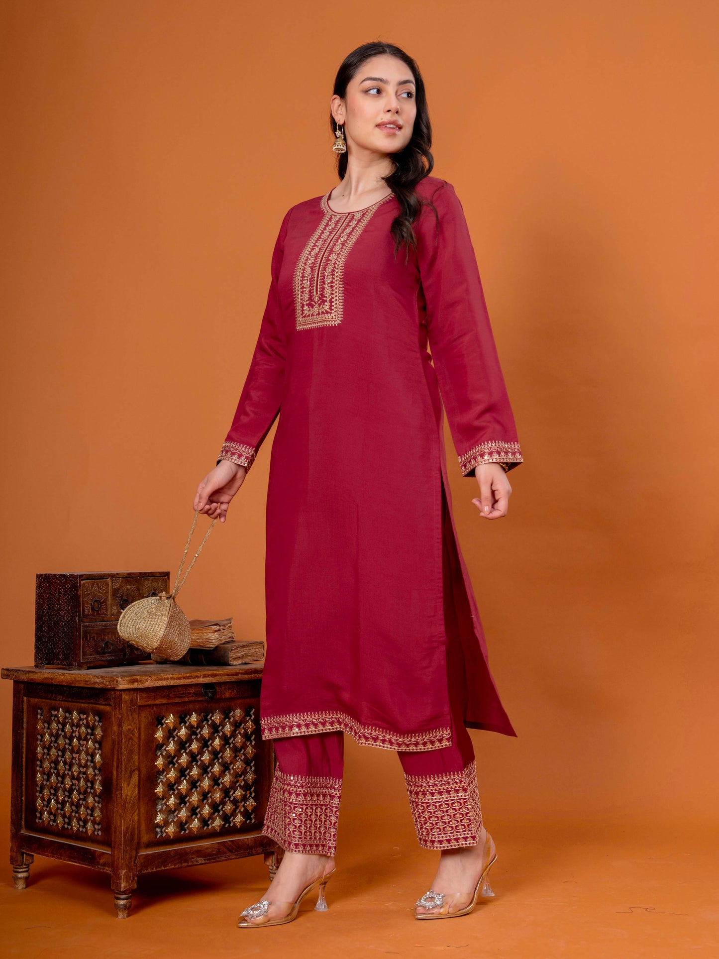 Embroidered Chanderi Solid Straight Maroon Kurta
