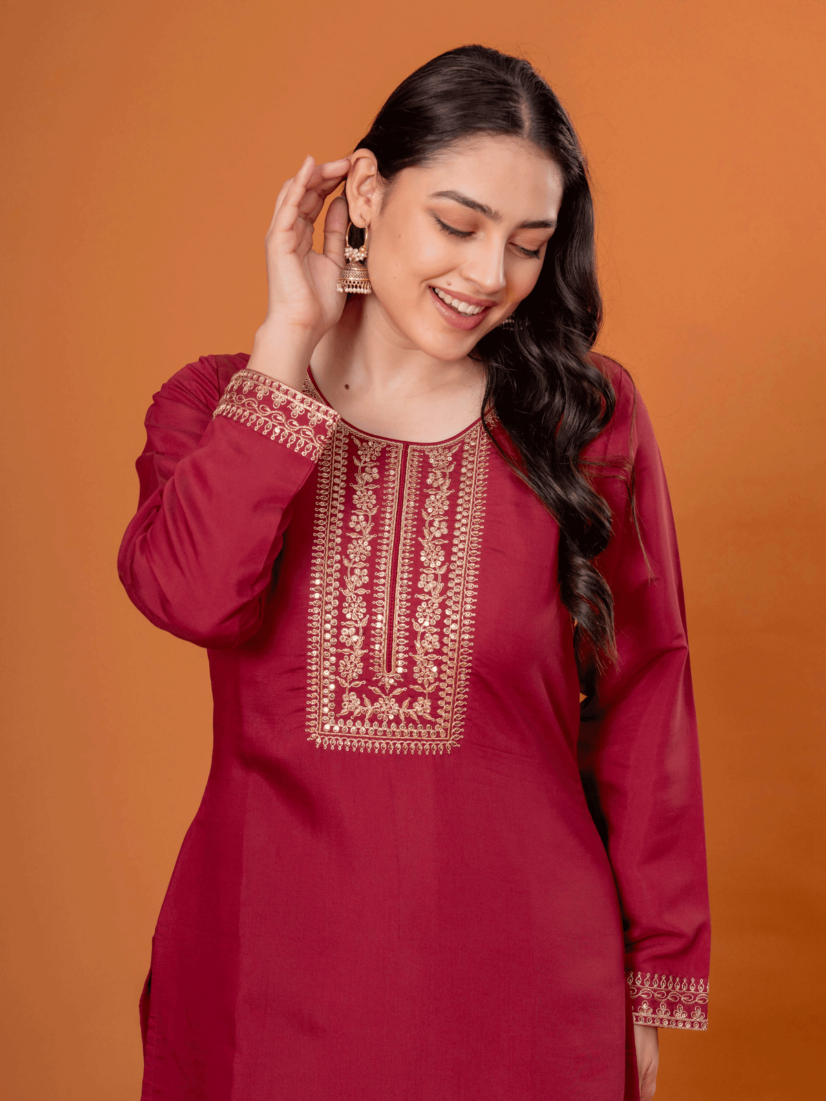 Embroidered Chanderi Solid Straight Maroon Kurta