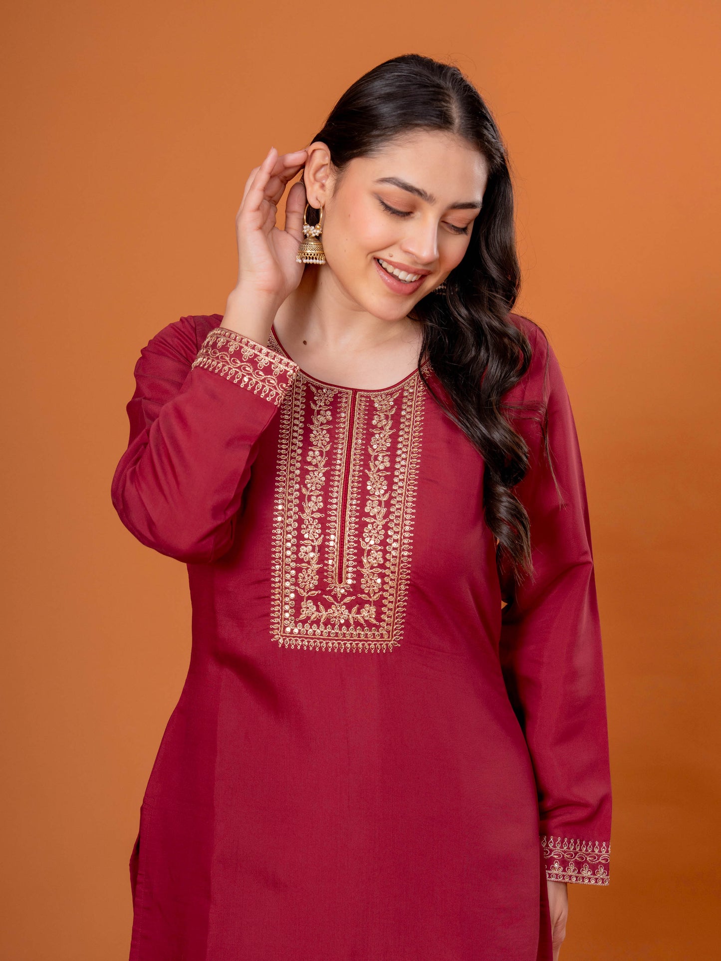 Embroidered Chanderi Solid Straight Maroon Kurta