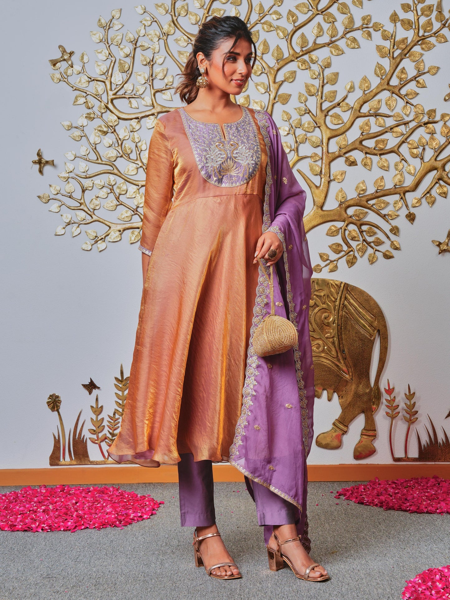 Embroidered Blended Silk Solid Anarkali Gold Kurta
