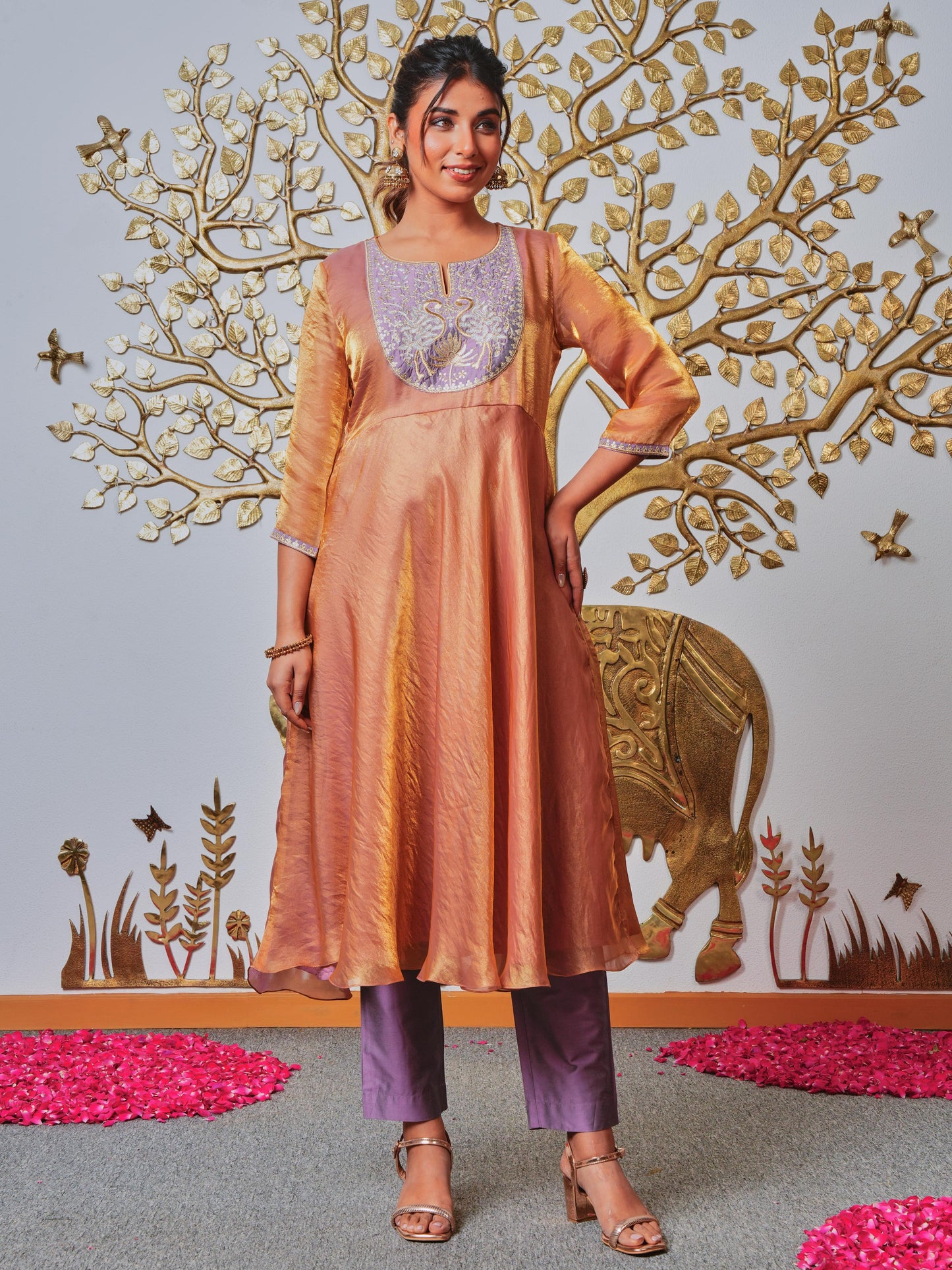 Embroidered Fendy Solid Brown Kurta