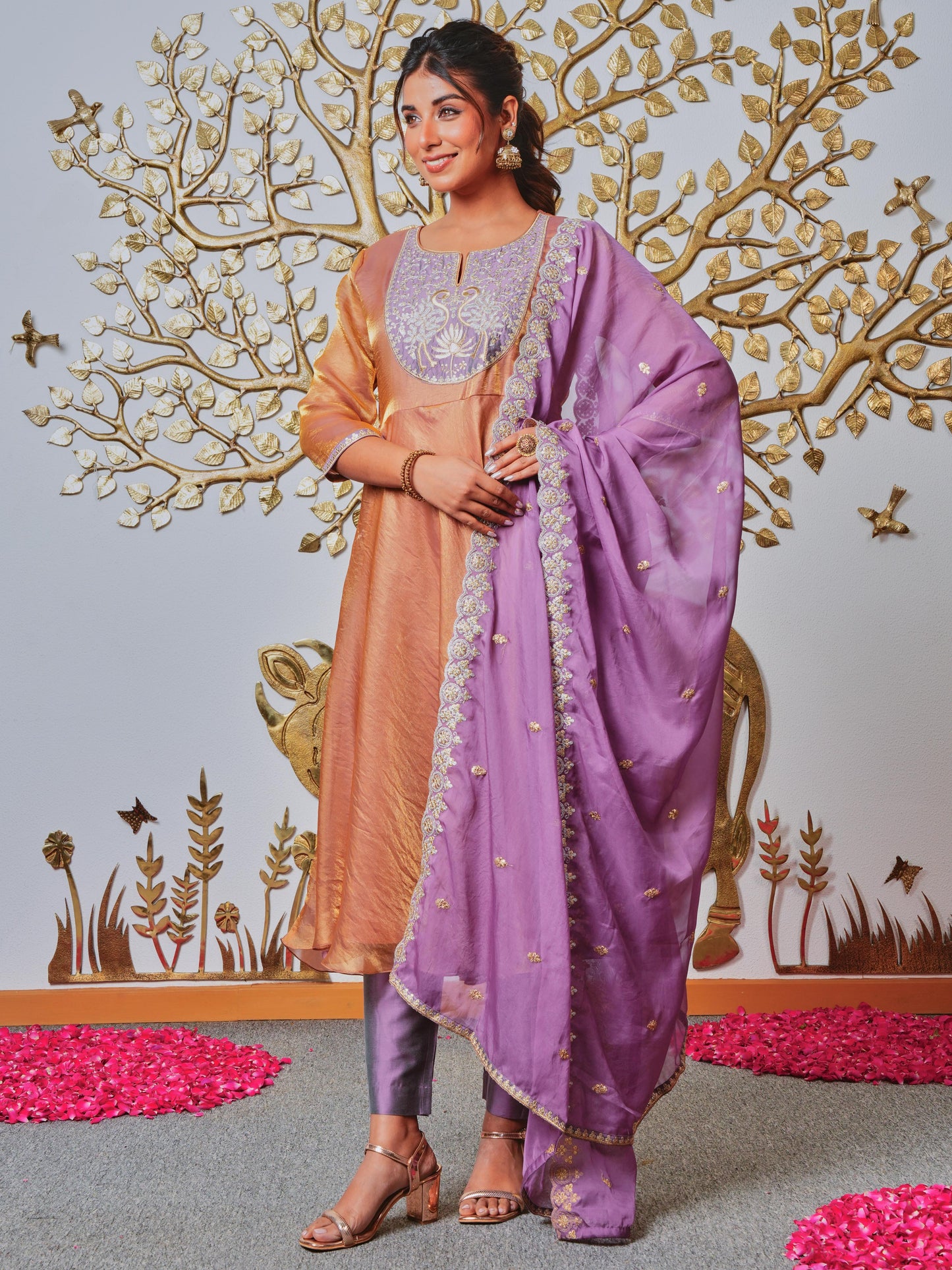 Embroidered Blended Silk Solid Anarkali Gold Kurta