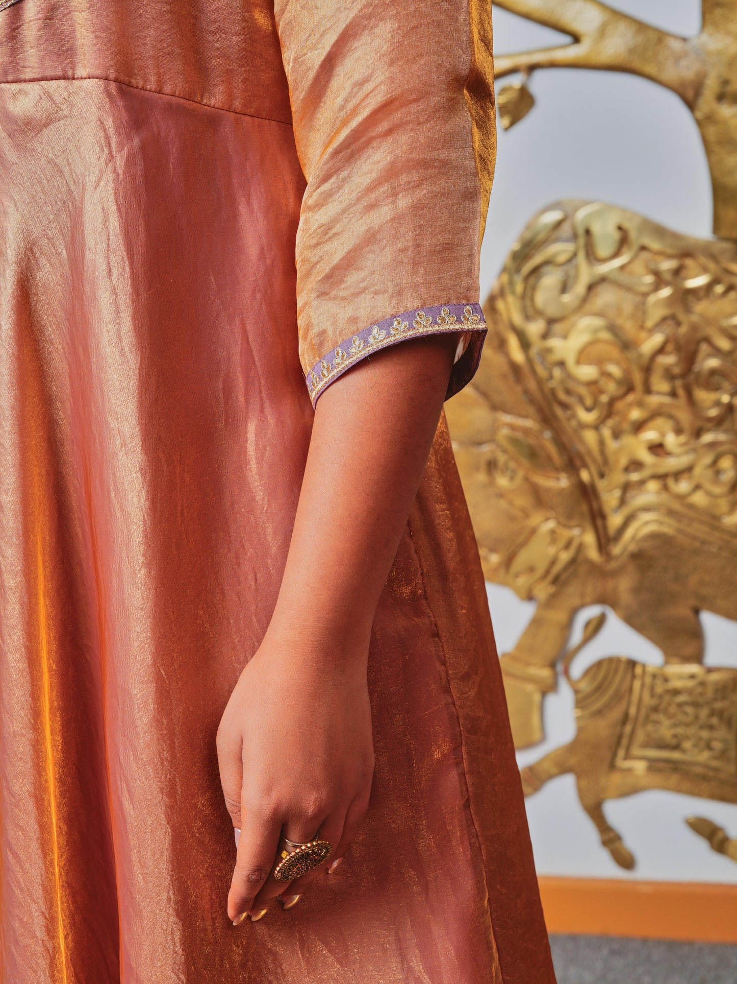Embroidered Blended Silk Solid Anarkali Gold Kurta