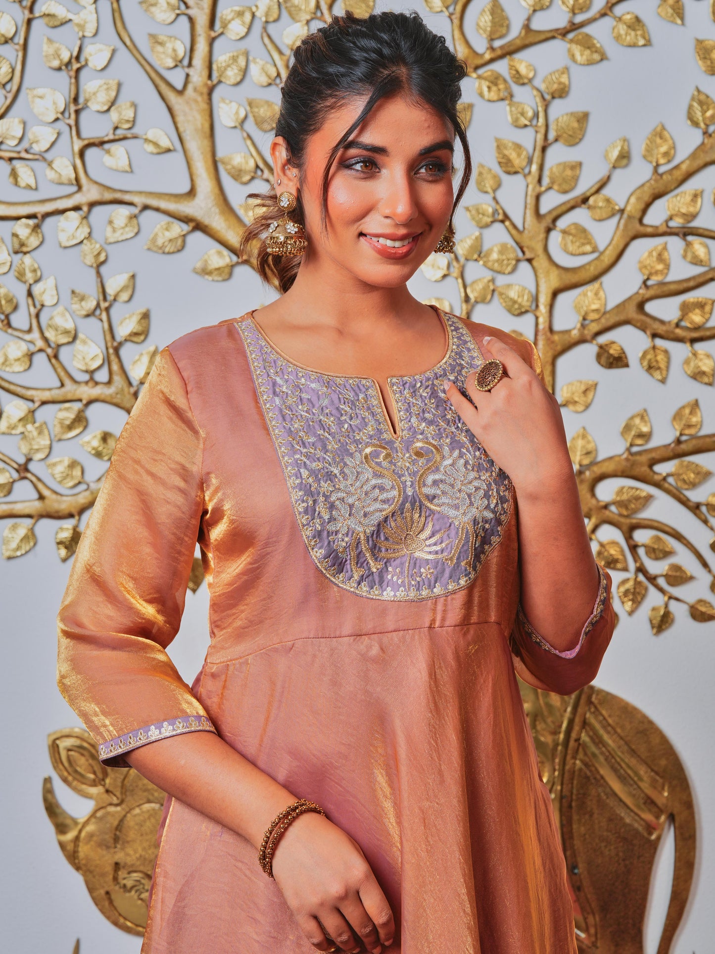 Embroidered Fendy Solid Brown Kurta