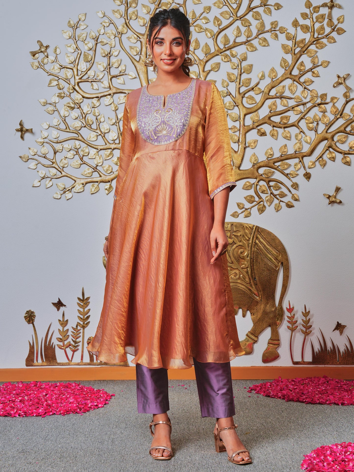 Embroidered Fendy Solid Brown Kurta