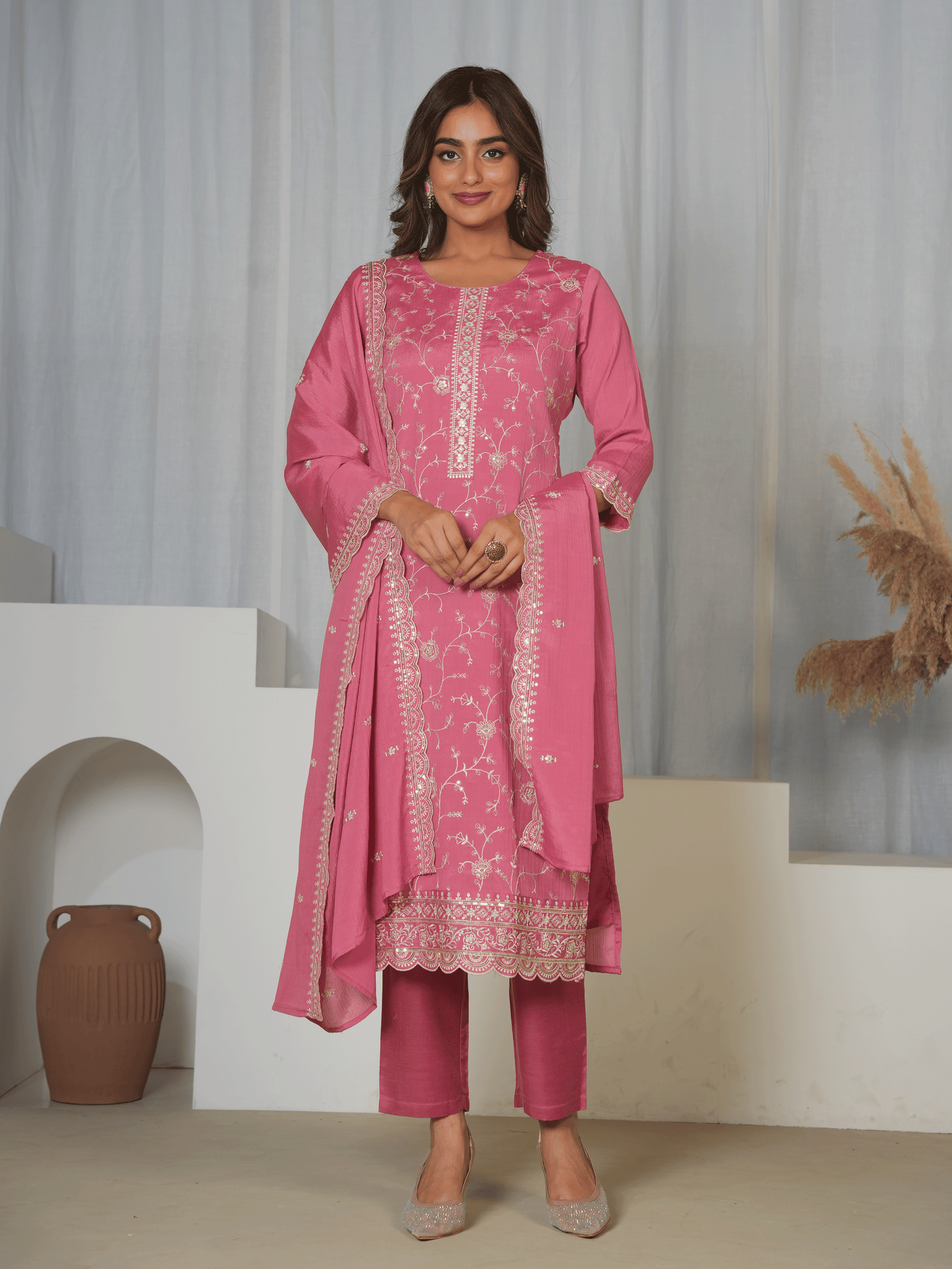 Embroidered Chiffon Solid Dusty Pink Dupatta