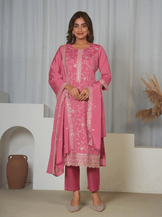 Embroidered Chiffon Solid Dusty Pink Dupatta