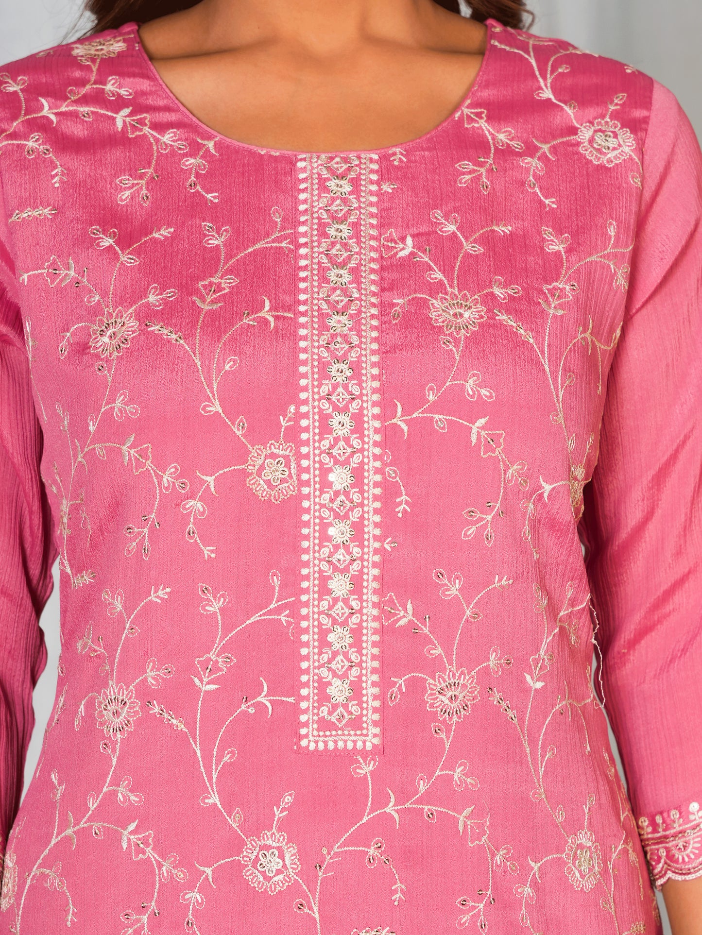 Embroidered Chiffon Solid Straight Dusty Pink Kurta