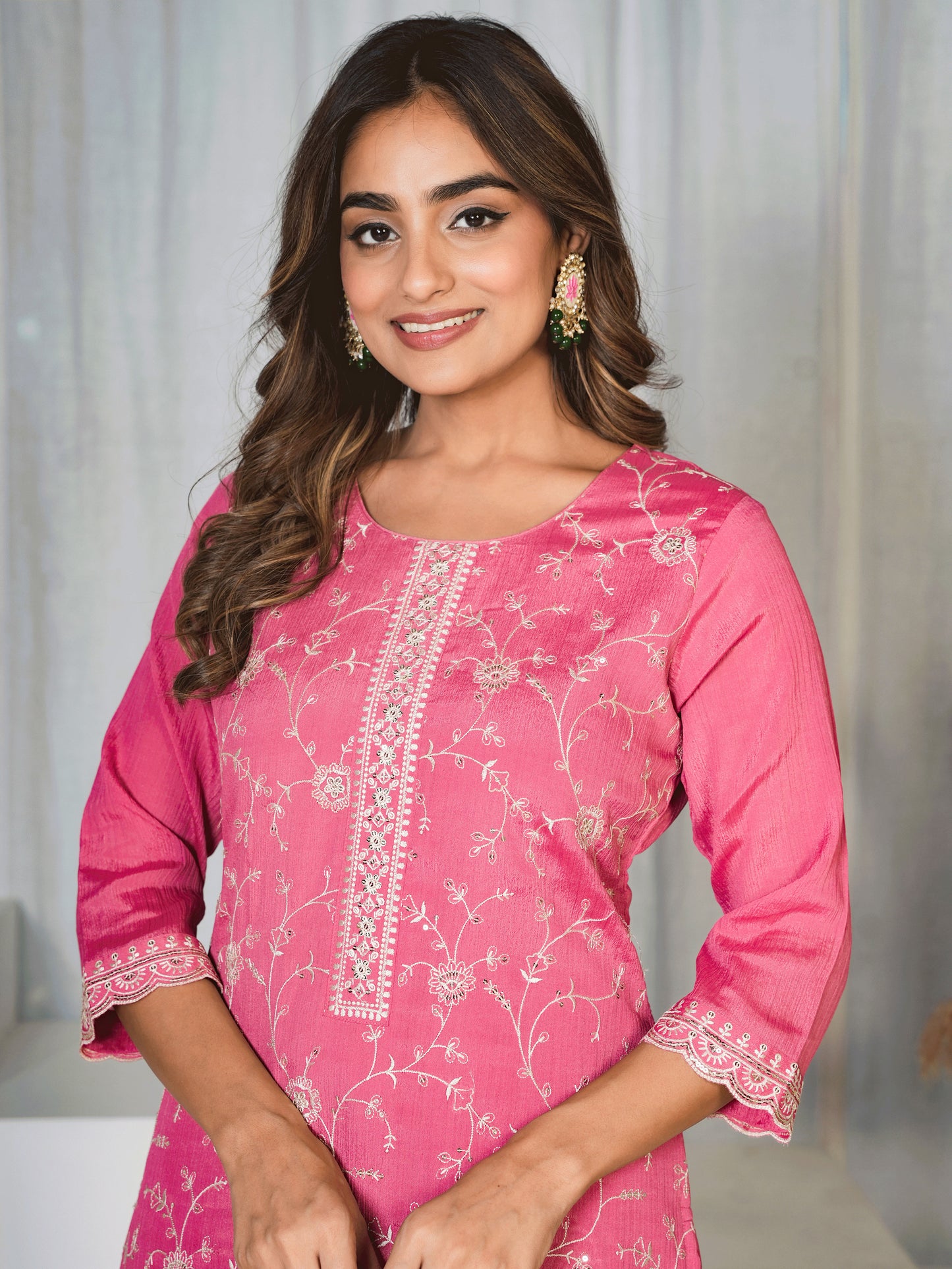 Embroidered Chiffon Solid Straight Dusty Pink Kurta