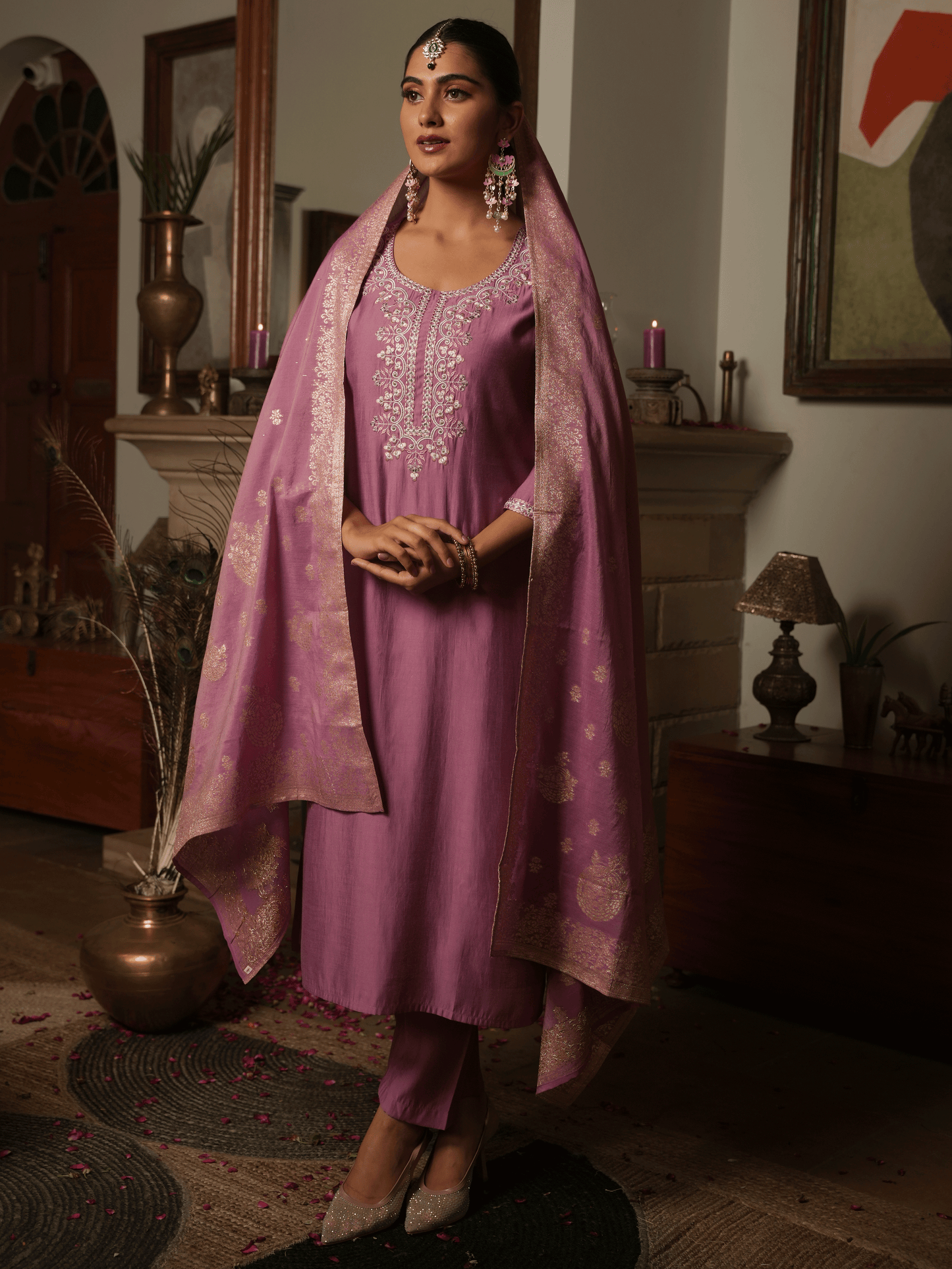 Chanderi Jacquard Onion Pink Dupatta