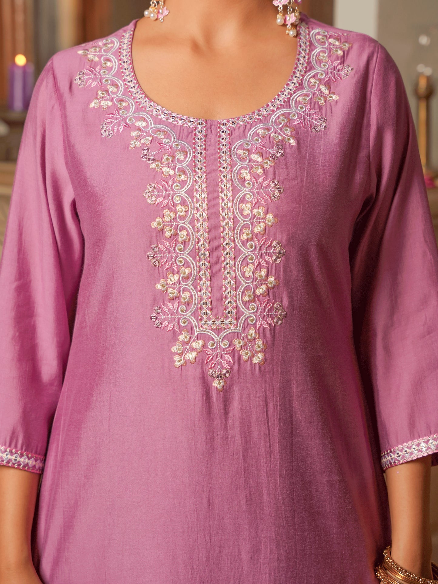 Embroidered Chanderi Onion Pink Straight Kurta