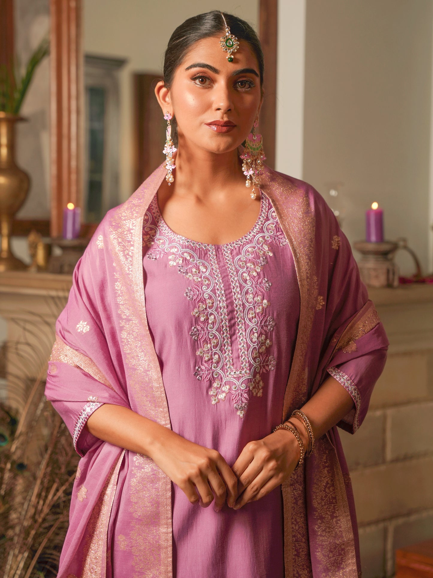 Embroidered Chanderi Onion Pink Straight Kurta