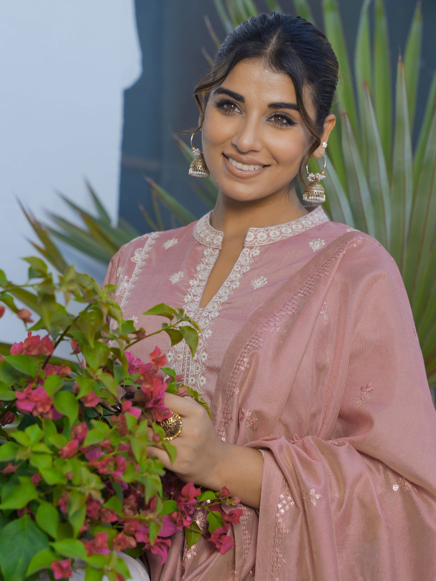 Embroidered Chiffon Solid Dusty Pink A-line Kurta
