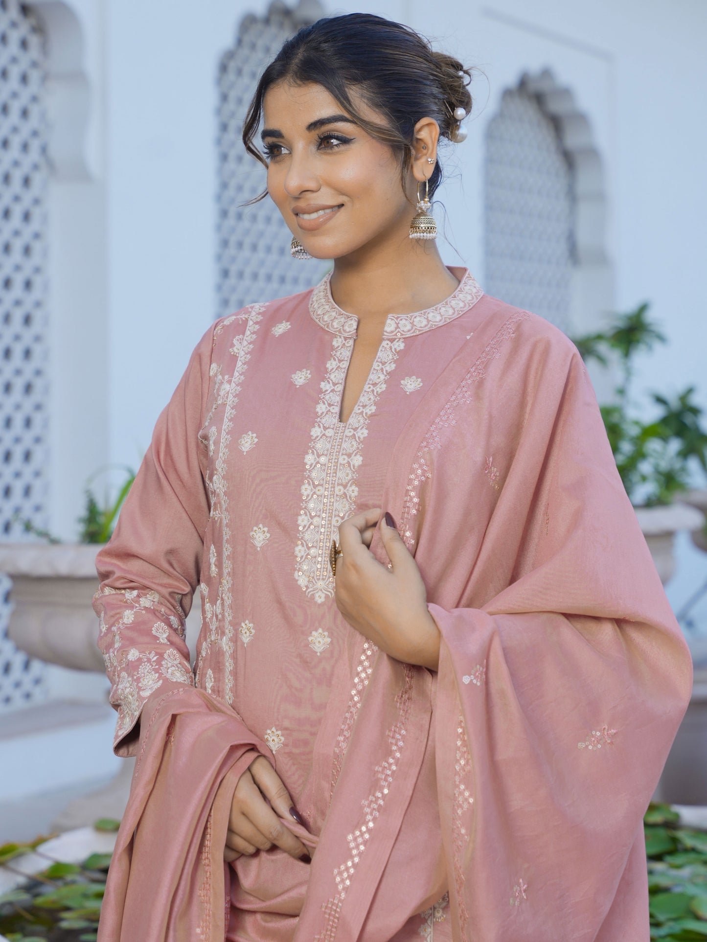 Embroidered Chiffon Solid Dusty Pink A-line Kurta