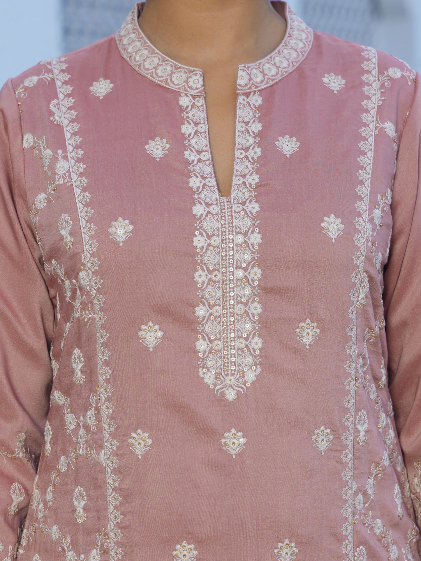 Embroidered Chiffon Solid Dusty Pink A-line Kurta