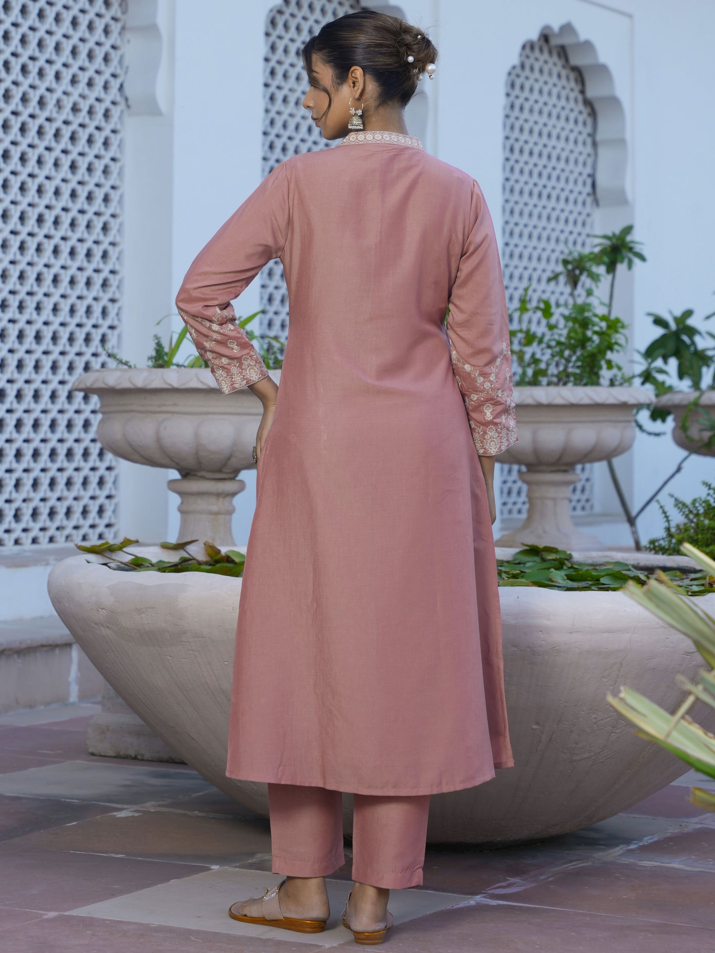 Embroidered Chiffon Solid Dusty Pink A-line Kurta