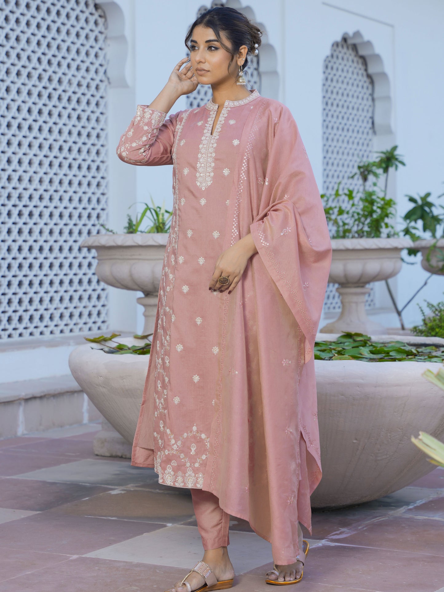 Embroidered Chiffon Solid Dusty Pink A-line Kurta