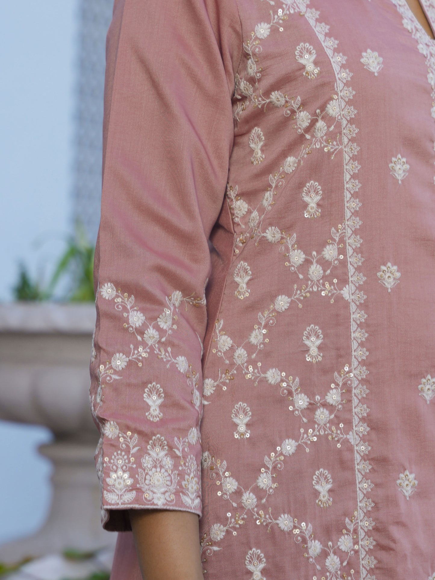Embroidered Chiffon Solid Dusty Pink A-line Kurta