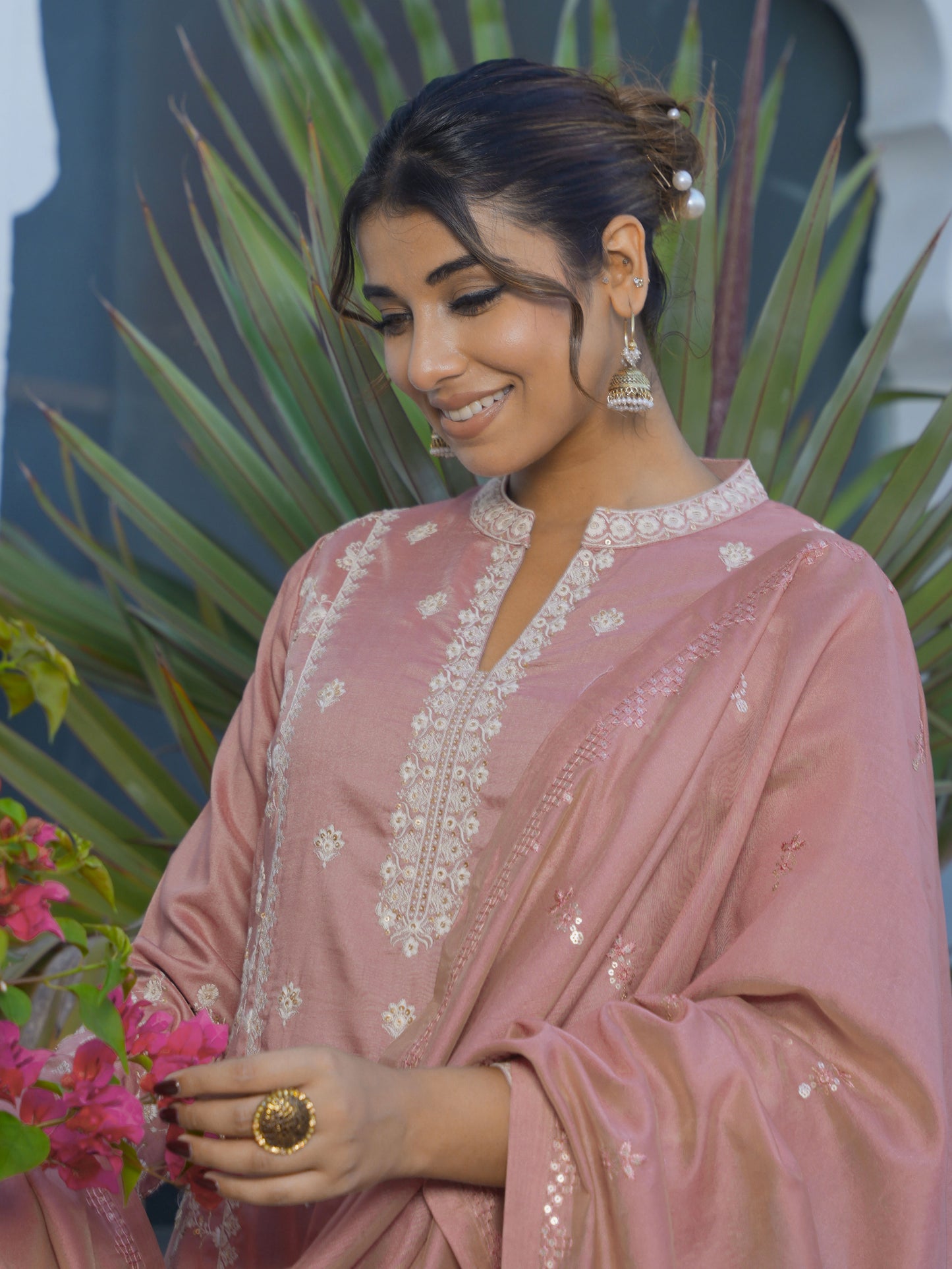 Embroidered Chiffon Solid Dusty Pink A-line Kurta