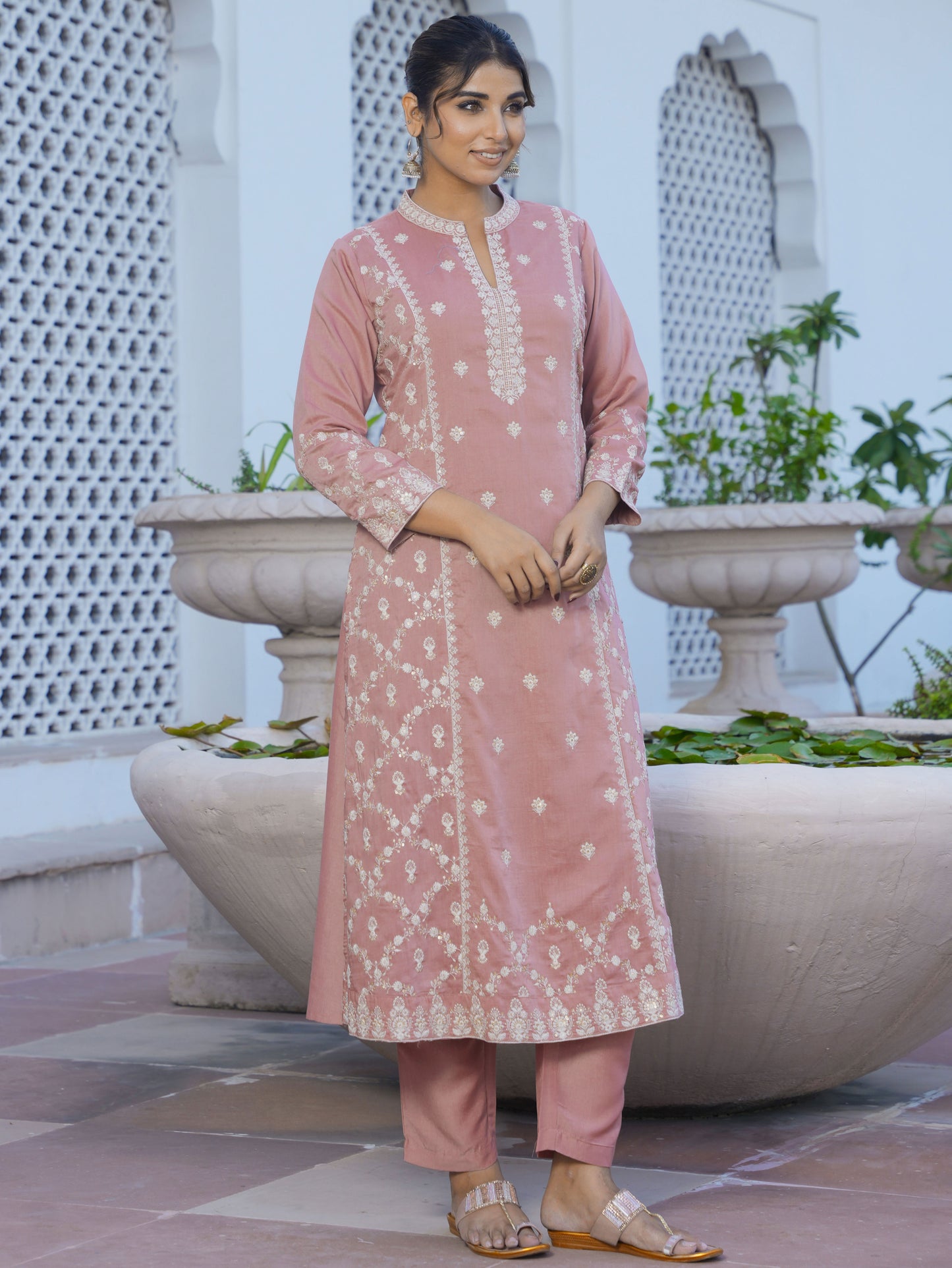 Embroidered Chiffon Solid Dusty Pink A-line Kurta