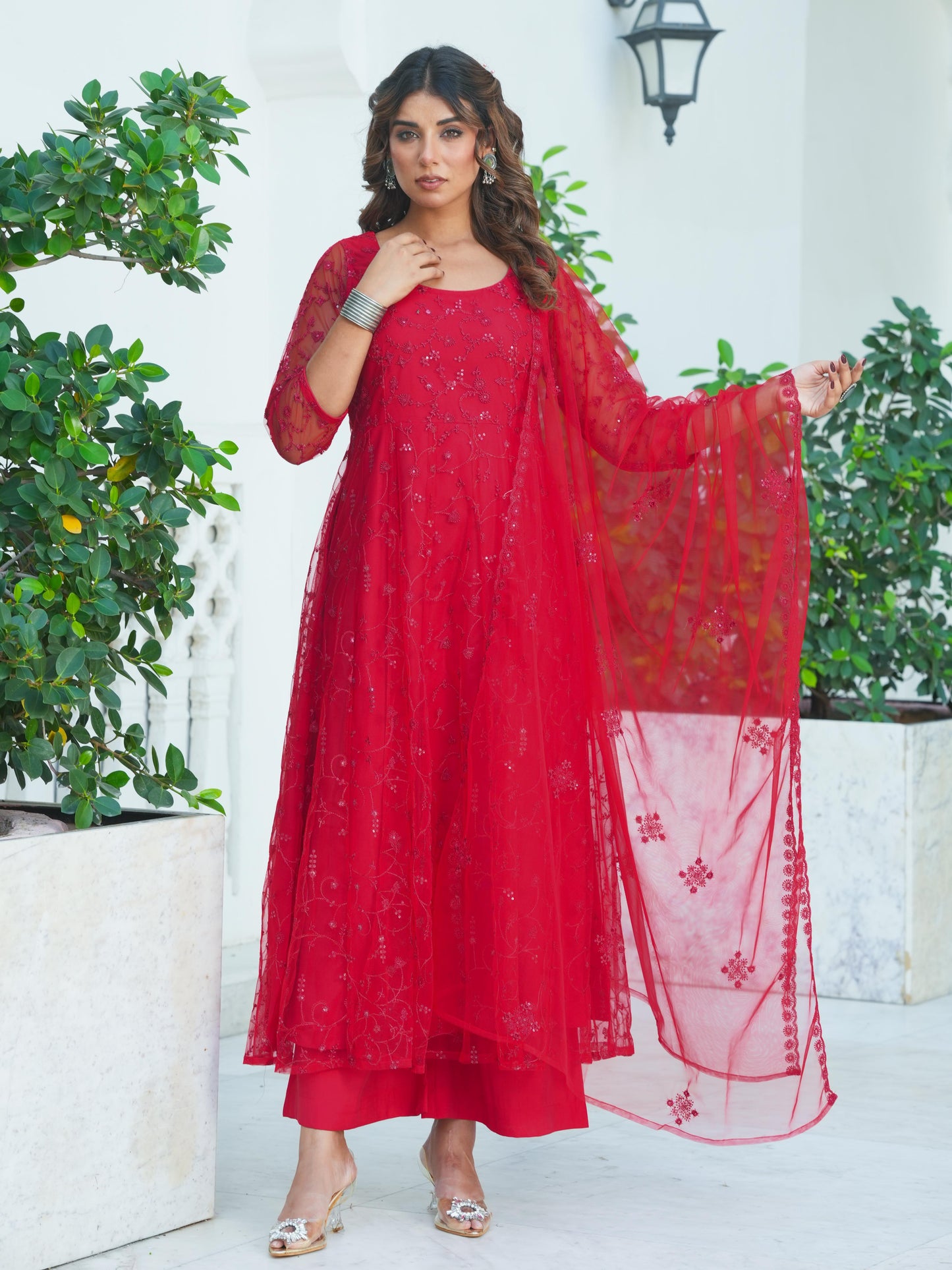 Embroidered Net Solid Red Dupatta