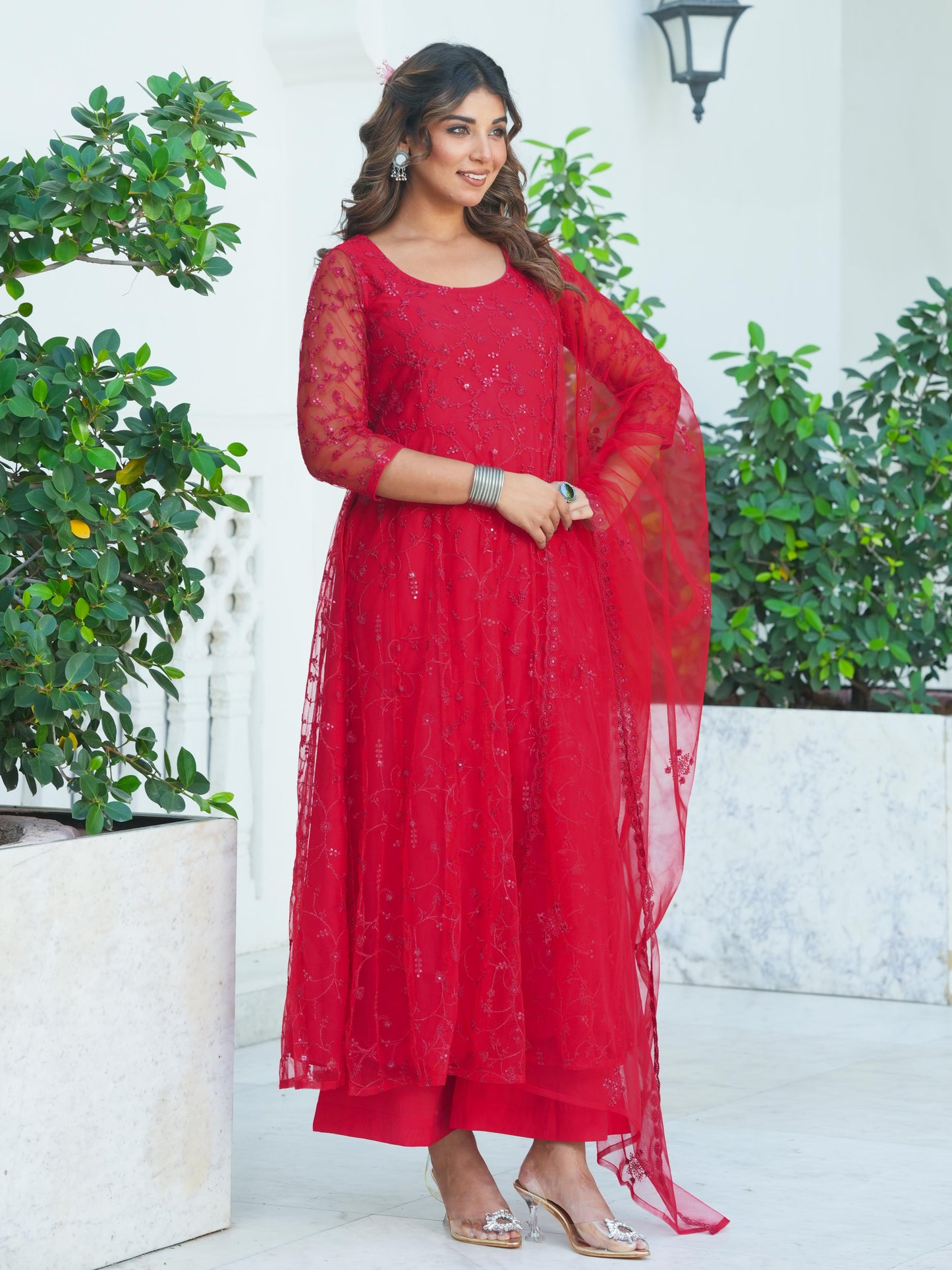 Embroidered Net Solid Red Dupatta