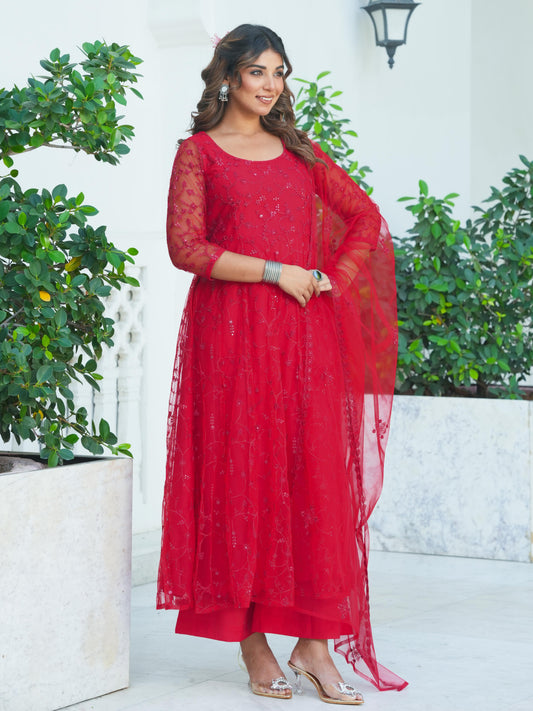 Embroidered Net Solid Red Dupatta